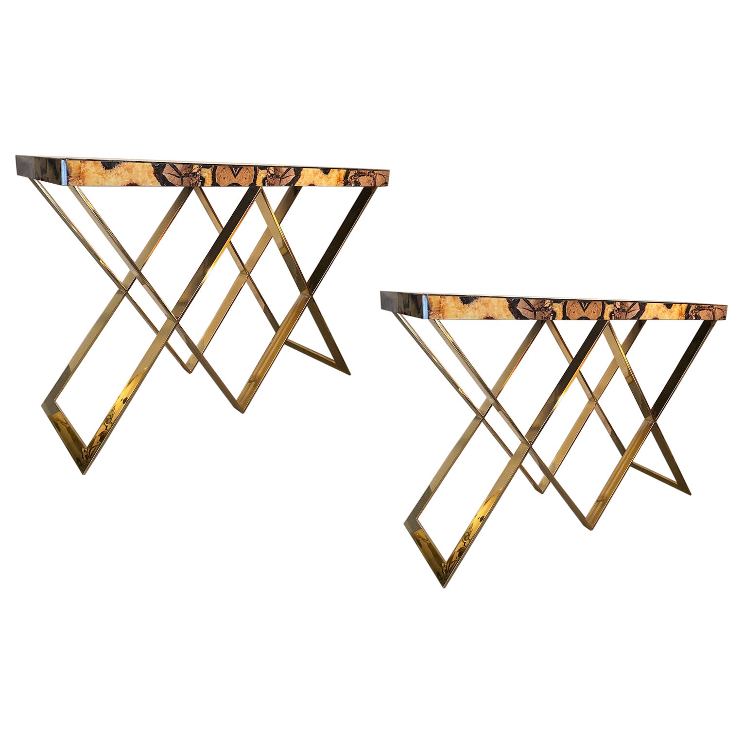  Pair of Modern Italian Marble Imitation Top Console Tables  For Sale