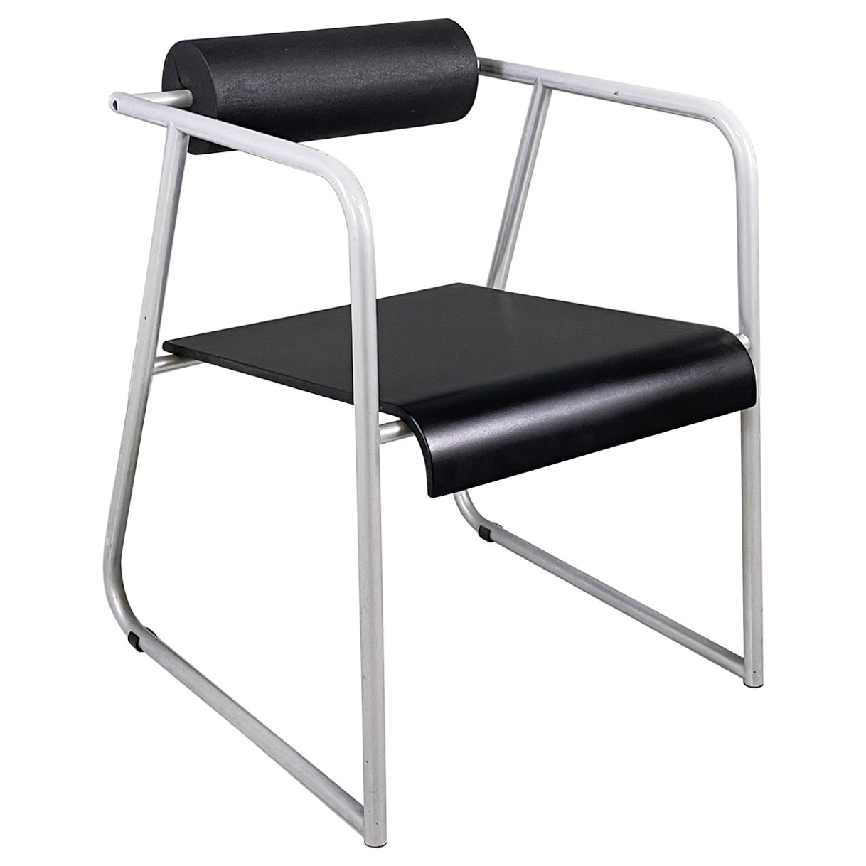 Italian modern Chair in gray metal, black rubber and wood, 1980s For Sale