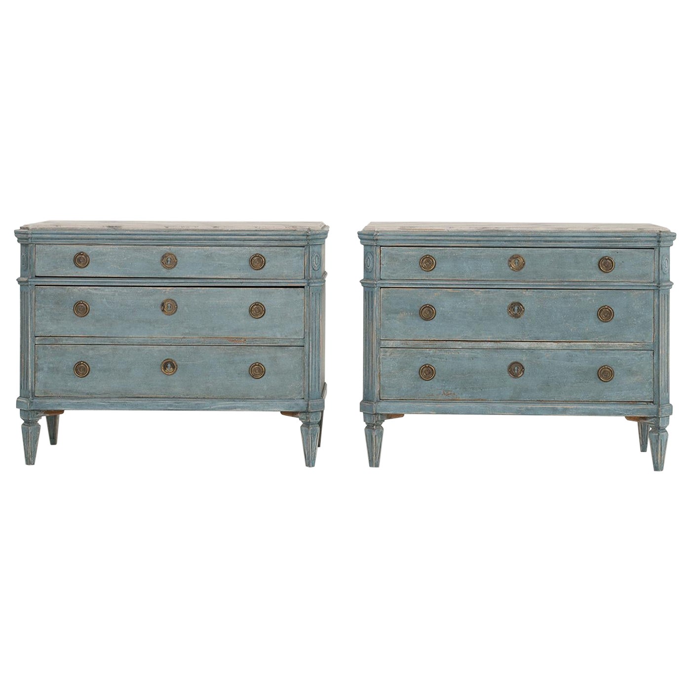 19th Century Blue Swedish Gustavian Pair of Pinewood Chest - Faux Marble Cabinet For Sale
