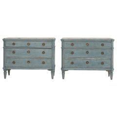 19th Century Blue Swedish Gustavian Pair of Pinewood Chest - Faux Marble Cabinet
