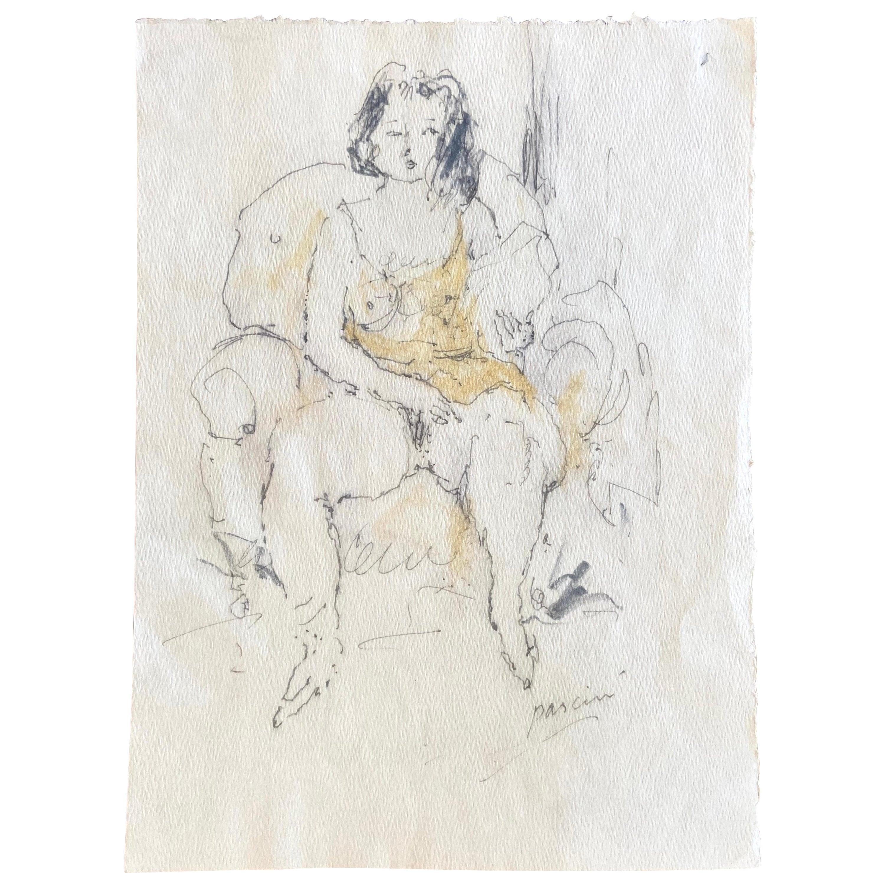 Female Nude in an Armchair Signed by Jules Pascin Drawing in Watercolour  For Sale