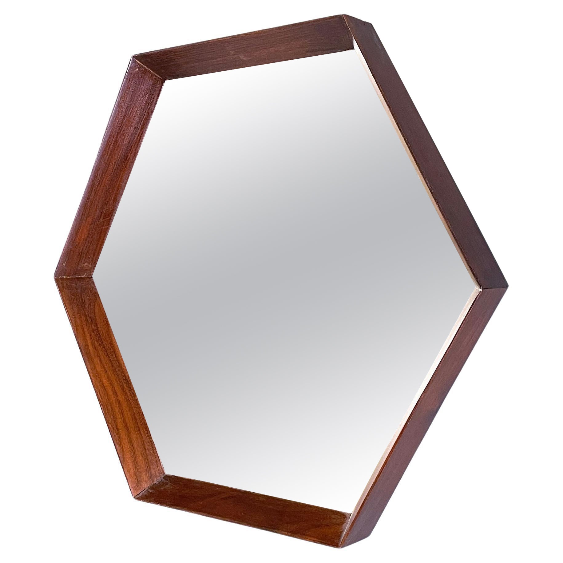 Italian mid-century Hexagonal wall mirror with wooden frame, 1960s For Sale