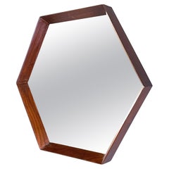 Vintage Italian mid-century Hexagonal wall mirror with wooden frame, 1960s