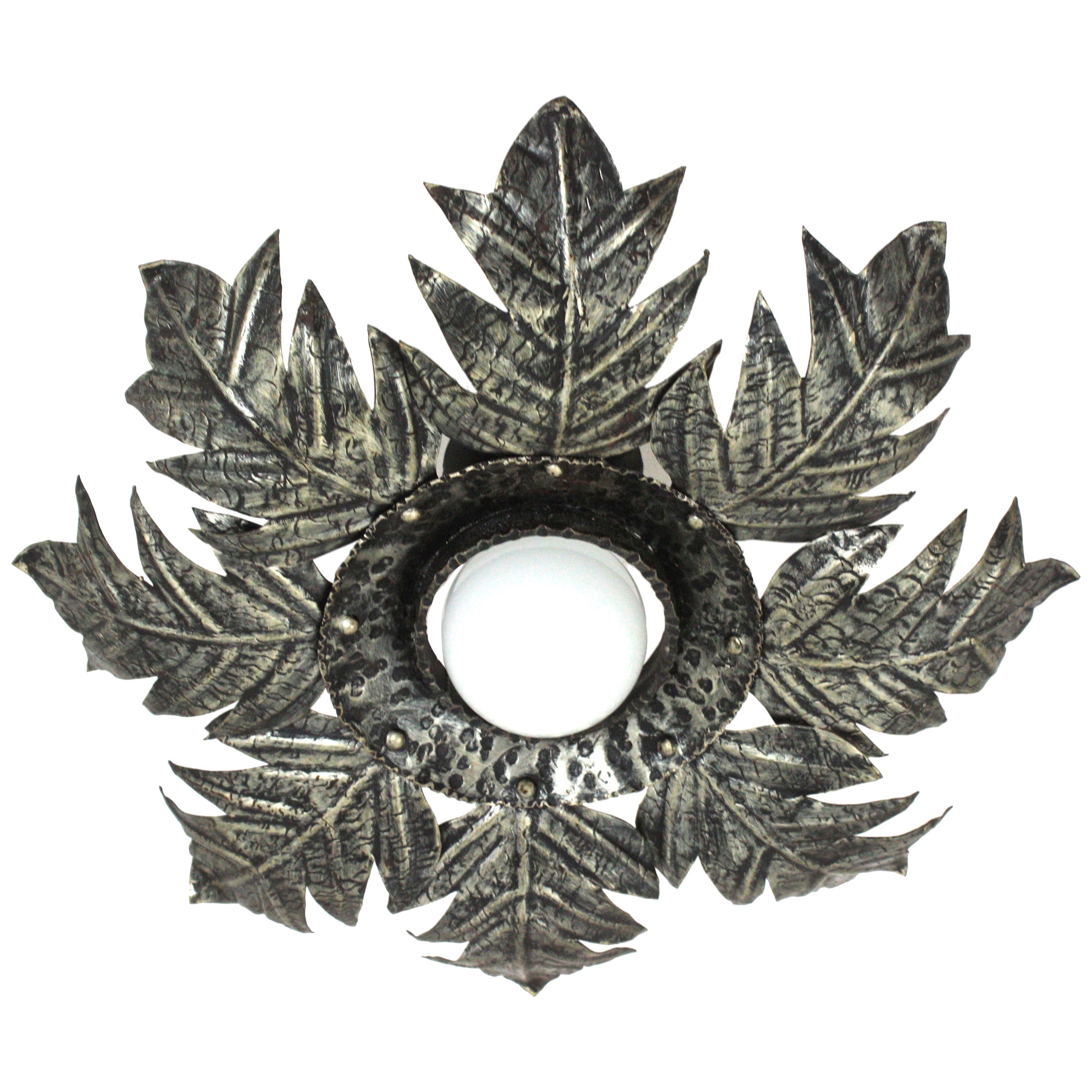 Sunburst Foliage Flush Mount Light Fixture in Silvered Iron, 1950s