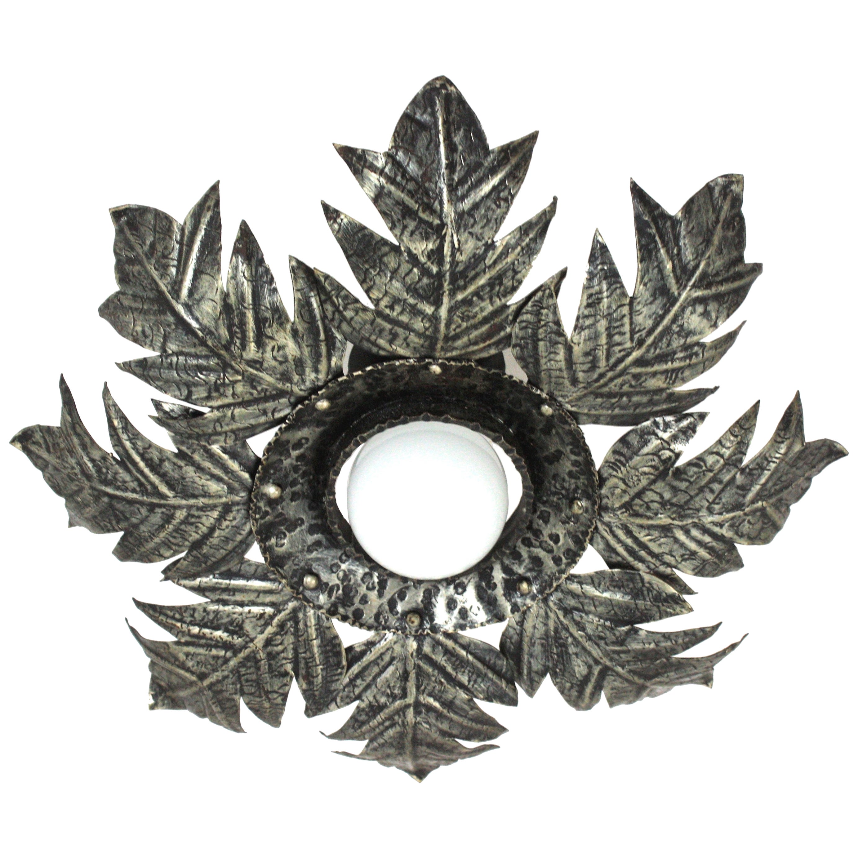 French Foliage Sunburst Light Fixture in Silvered Iron, 1950s  For Sale