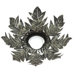 Used French Foliage Sunburst Light Fixture in Silvered Iron, 1950s 
