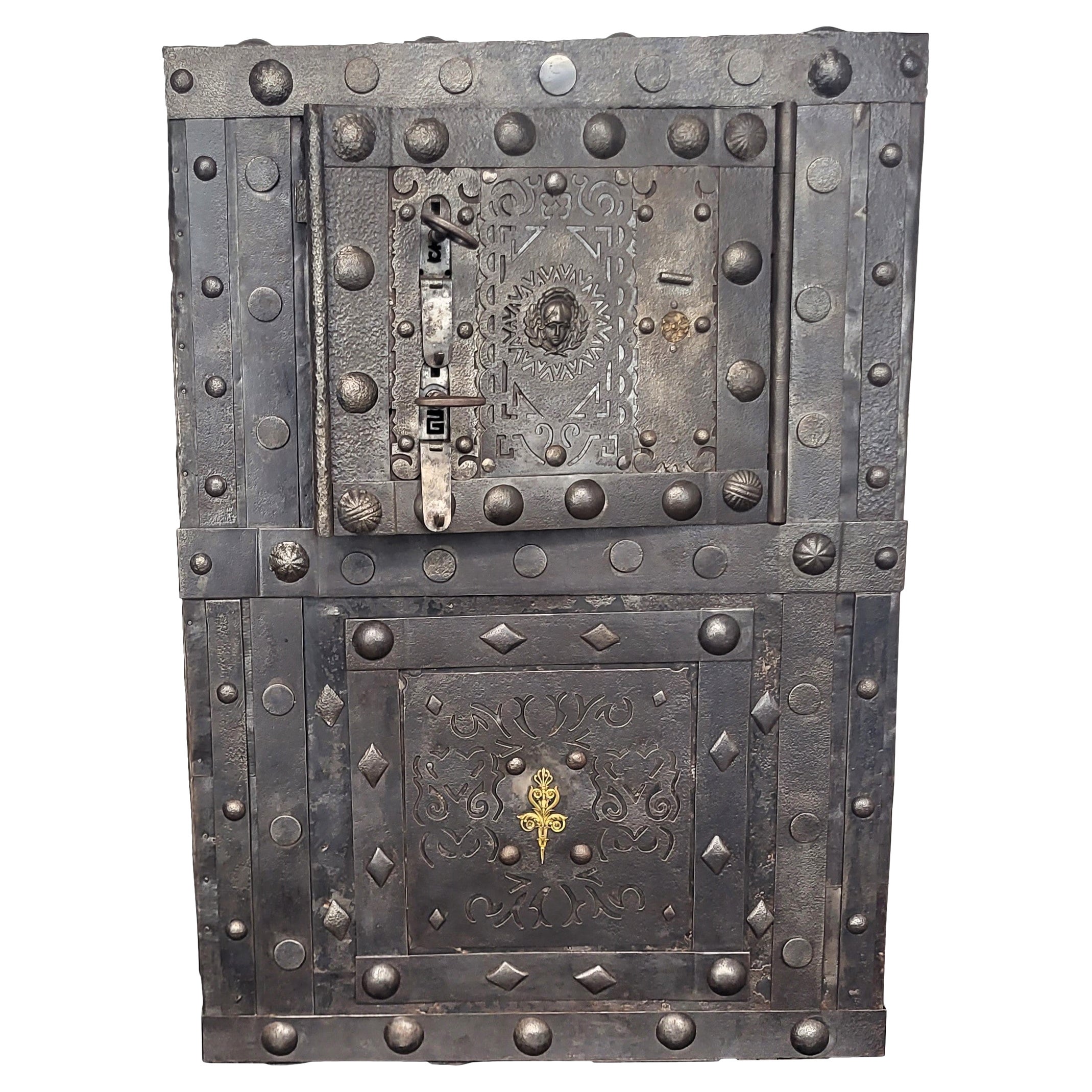 18th Century Wrought Iron Italian Antique Hobnail Safe Strong Box Bar Cabinet