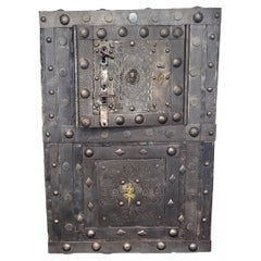 18th Century Wrought Iron Italian Used Hobnail Safe Strong Box Bar Cabinet