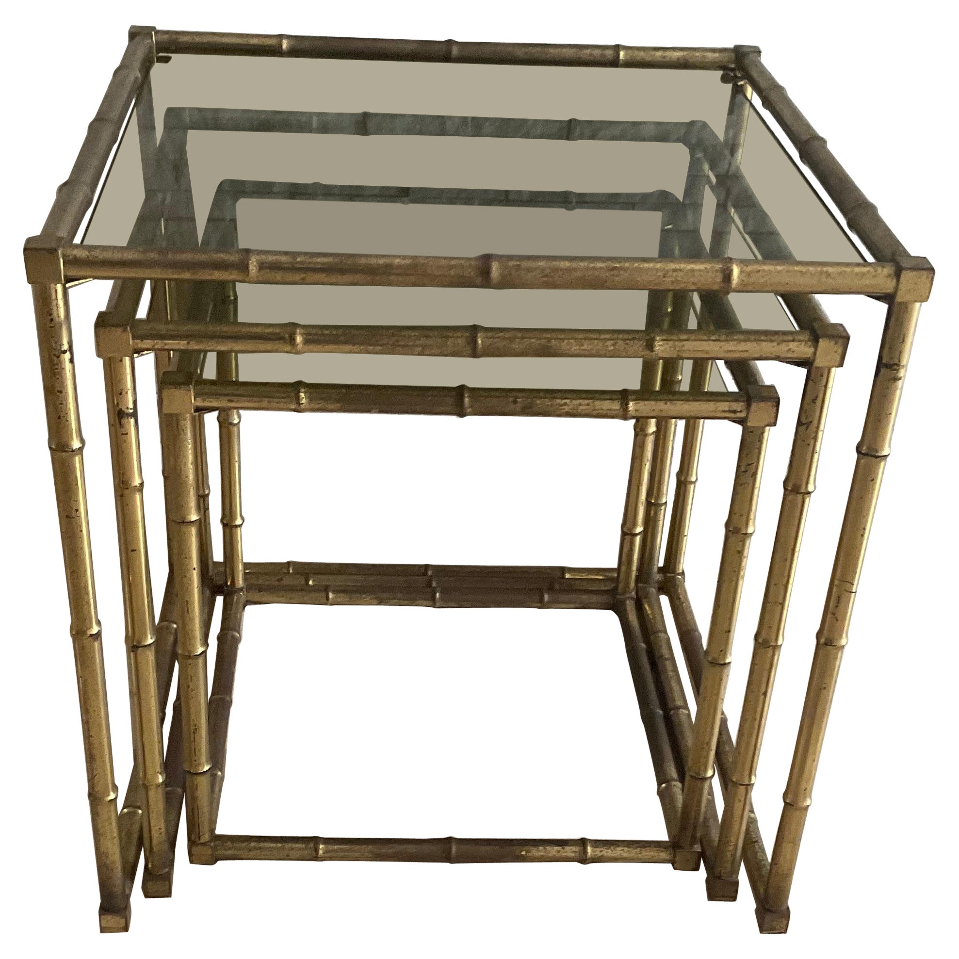 Set of 3 interlocking brass and glass coffee tables 1960s For Sale