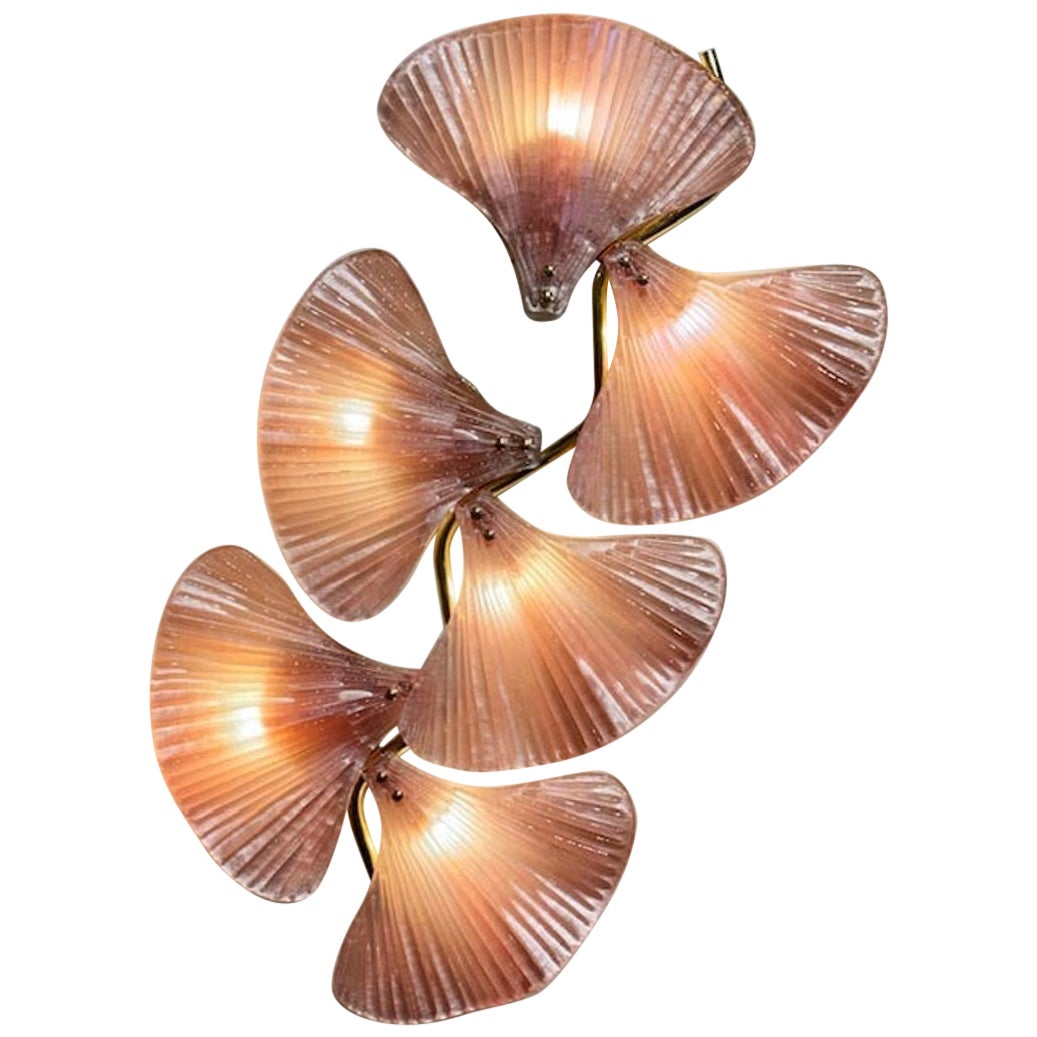 Pair of Pink Murano Glass and Brass Fan Sconces