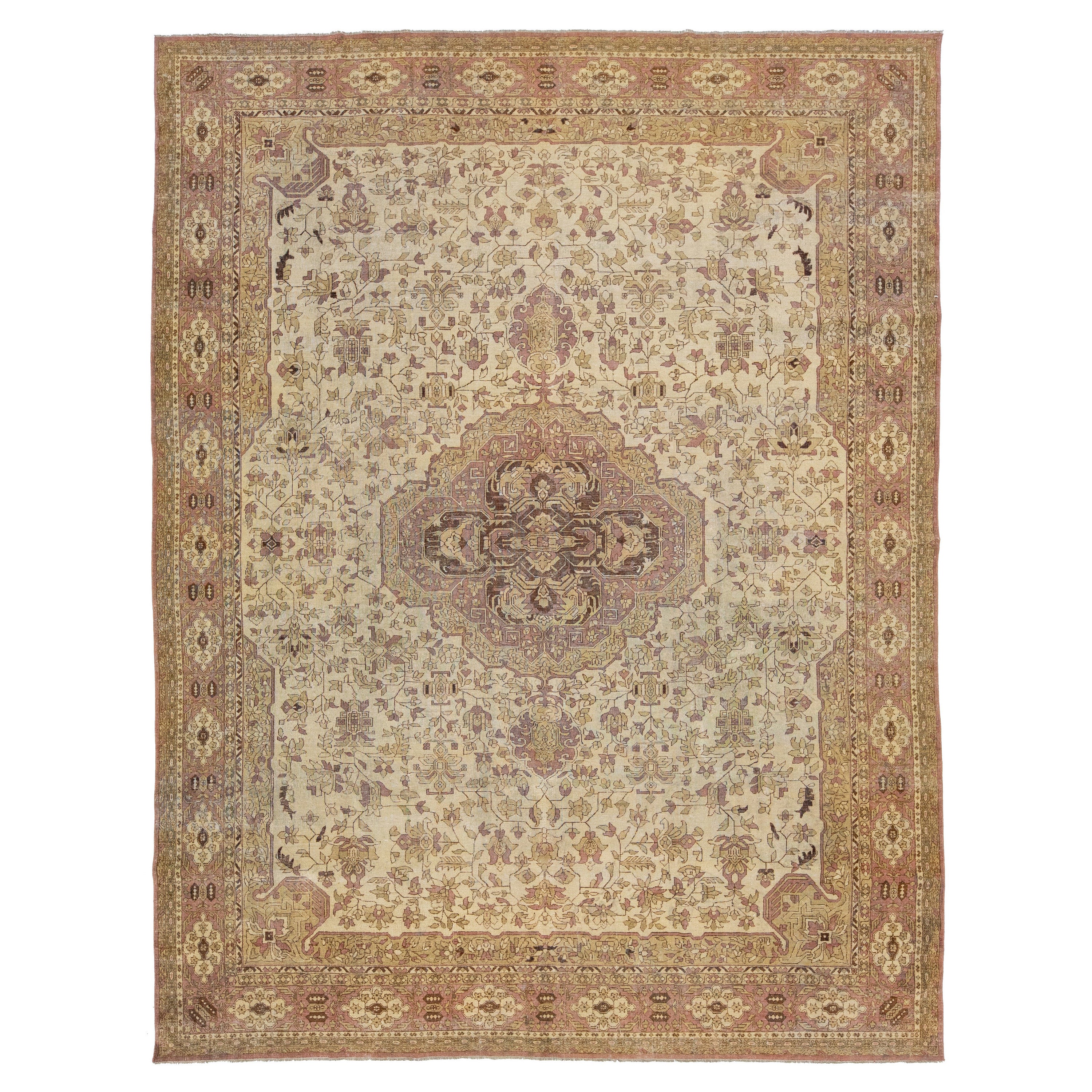 1910s Antike indische Wolle Agra Teppich in Beige mit Allover-Design  im Angebot