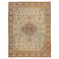 1910s Antique Indian Wool Agra Rug In Beige with Allover Design 