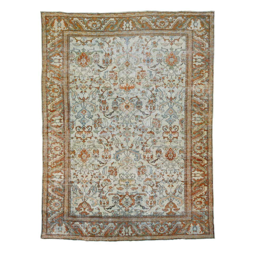 Antique Doroksh Beige Orange and Blue Wool Persian Rug with Herati Fish ...