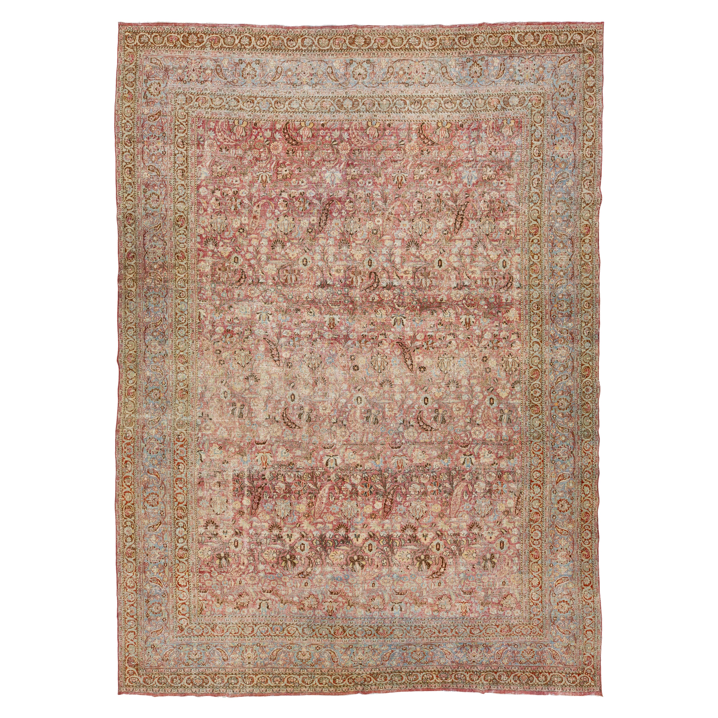 Antiker persischer Mashad handgefertigter roter Wollteppich mit Blumenmuster aus Persien im Angebot