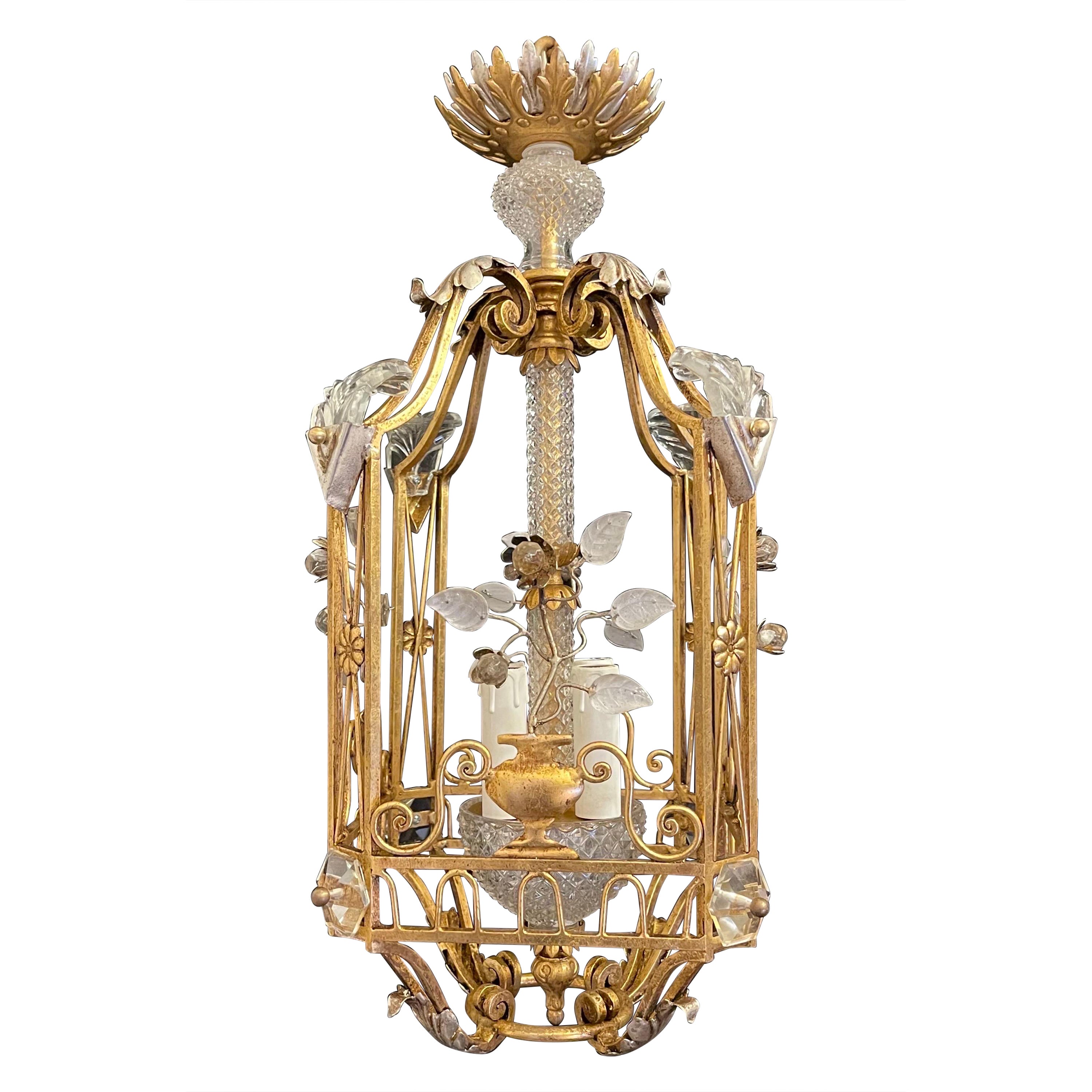 Wonderful Mid-Century French Baguès Crystal Lantern Pagoda Basket Chandelier For Sale