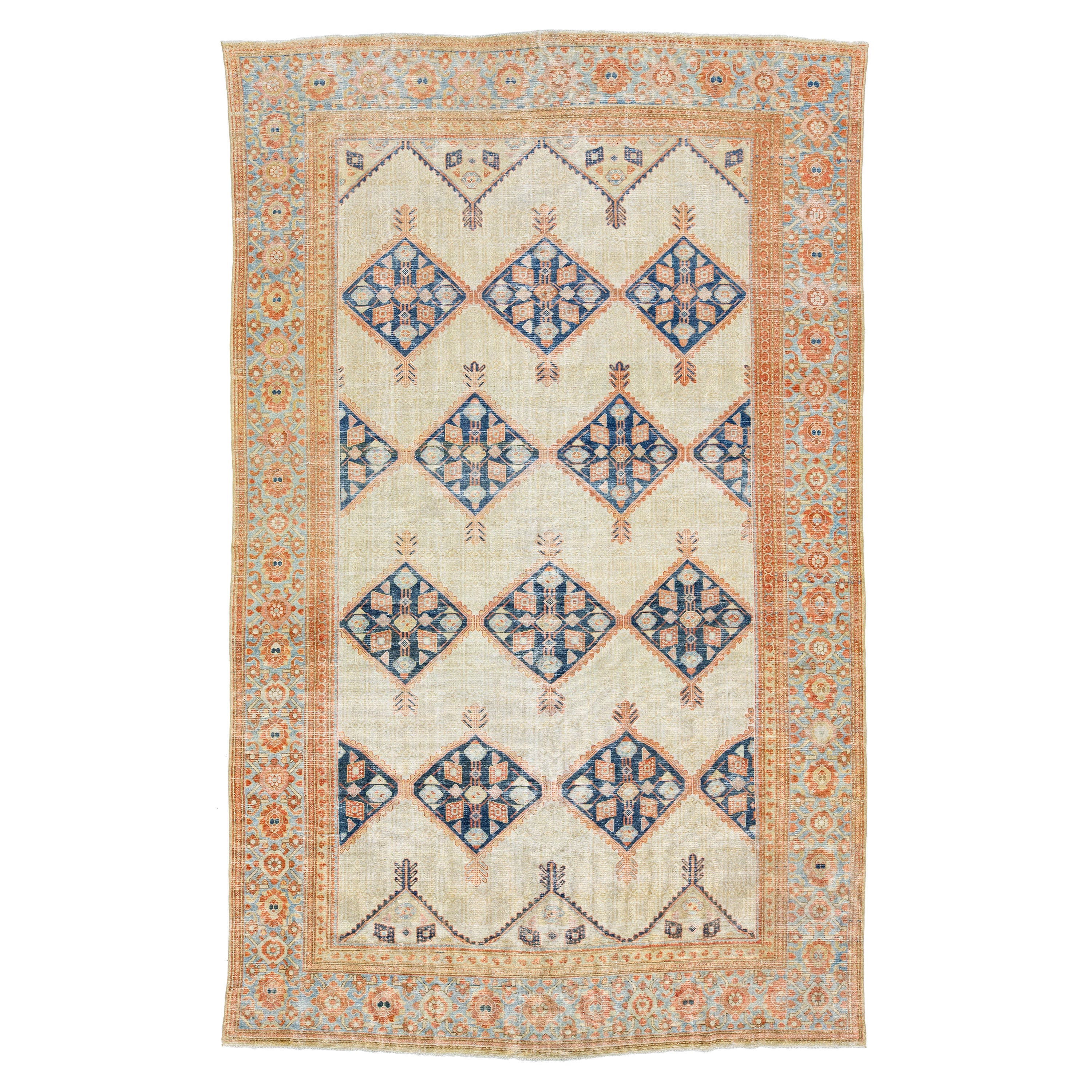 Beige Antique Hamadan Persian Wool Rug with Tribal Design