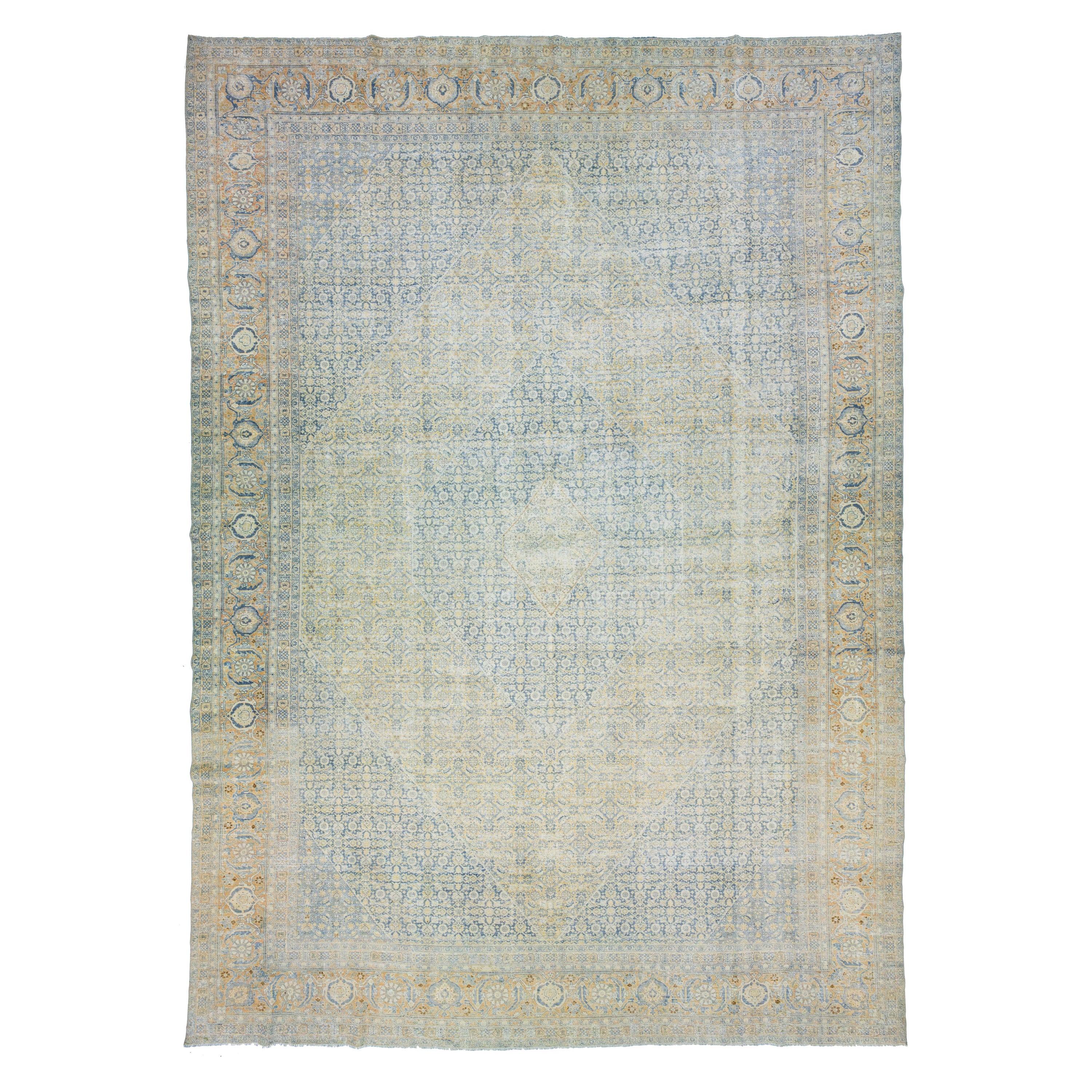 Oversize Antique Blue Persian Tabriz Wool Rug With Allover Floral Motif
