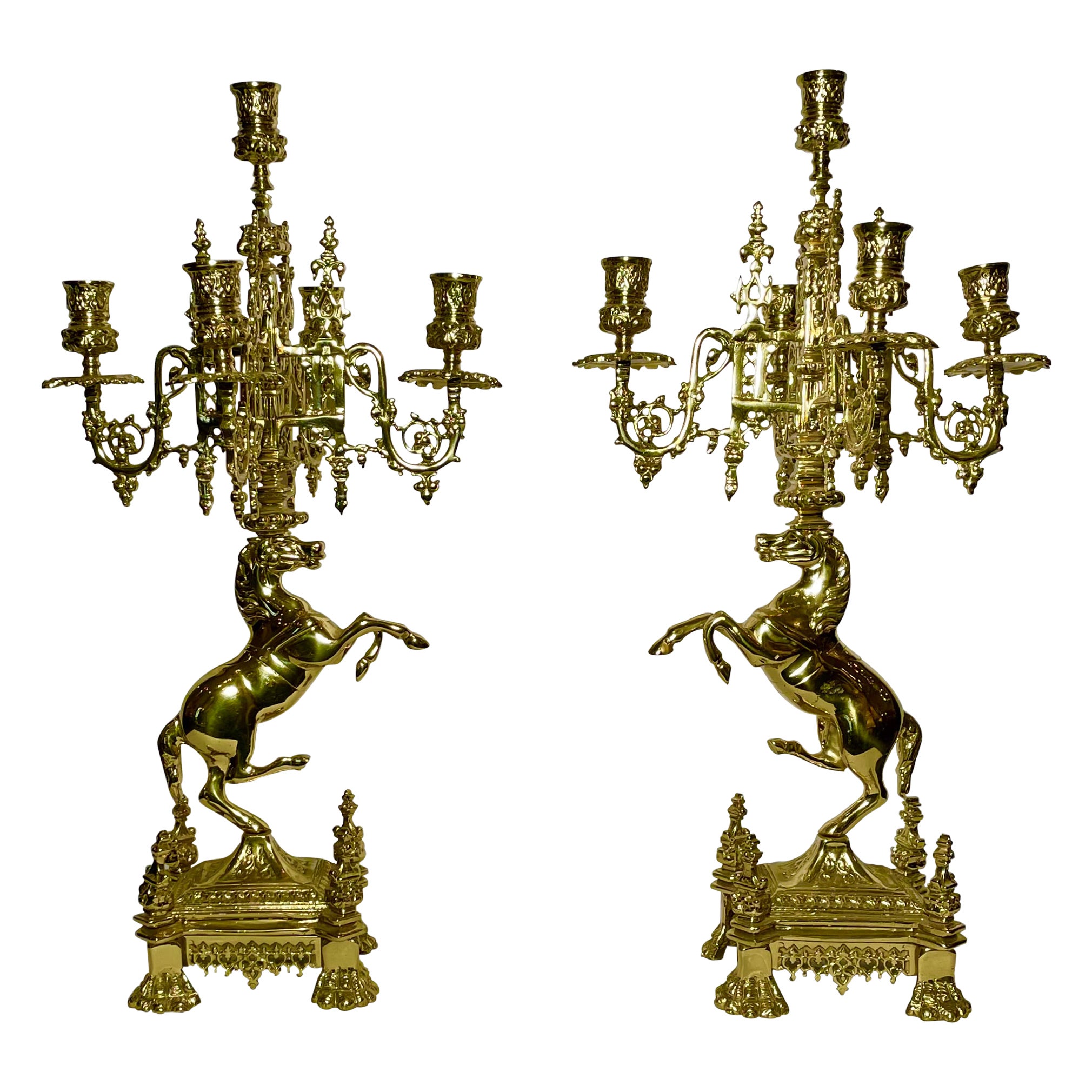 Pair of Estate English Solid Brass Horse Candelabras.