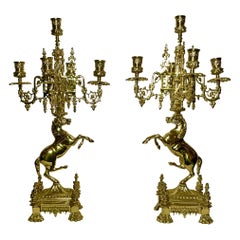 Pair of Estate English Solid Brass Horse Candelabras.