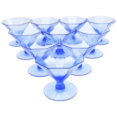 Antique Set of Ten Fry French Blue Art Deco Octagonal Dessert Sherbet Coupes