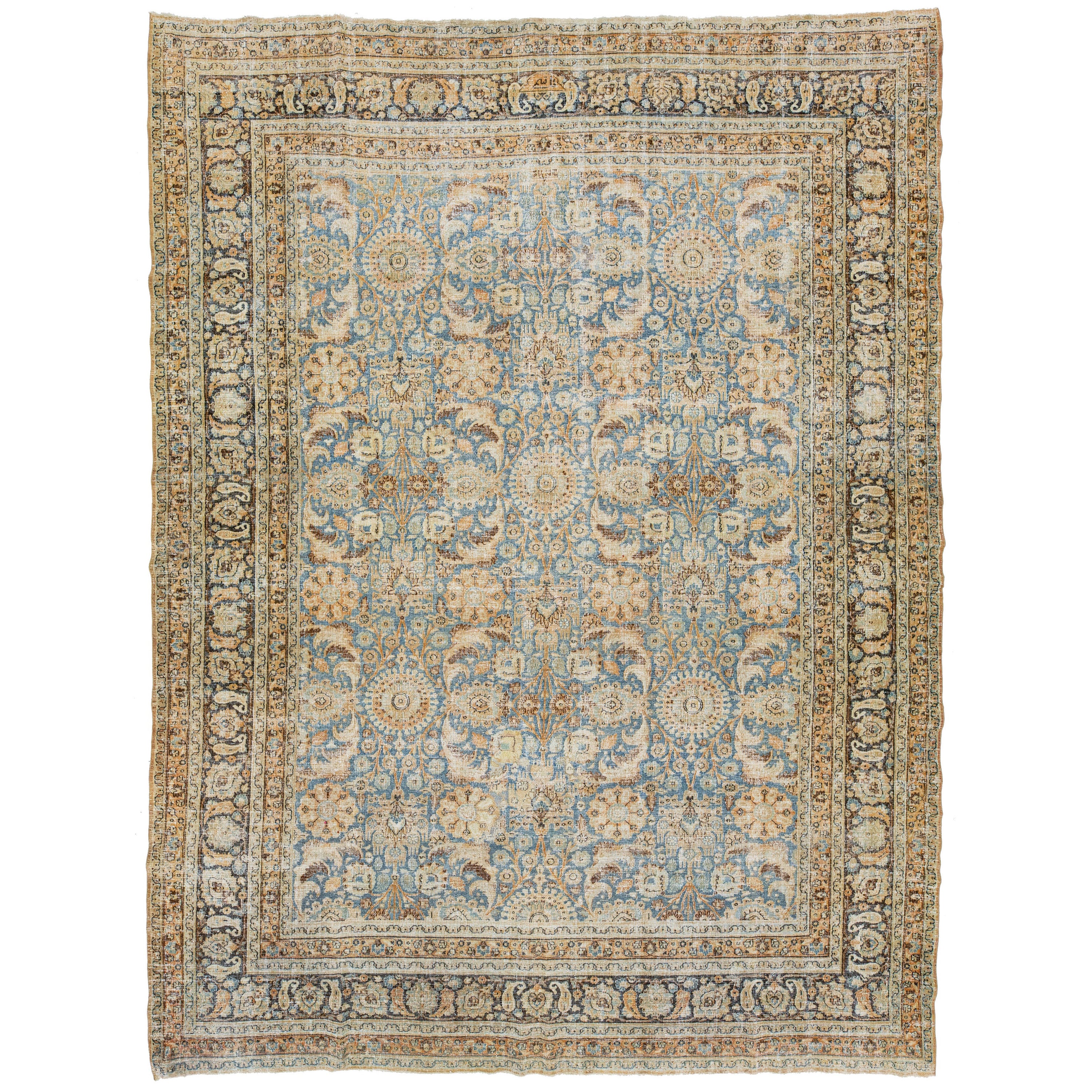 Room Size Floral Antique Persian Tabriz Wool Rug In Blue For Sale