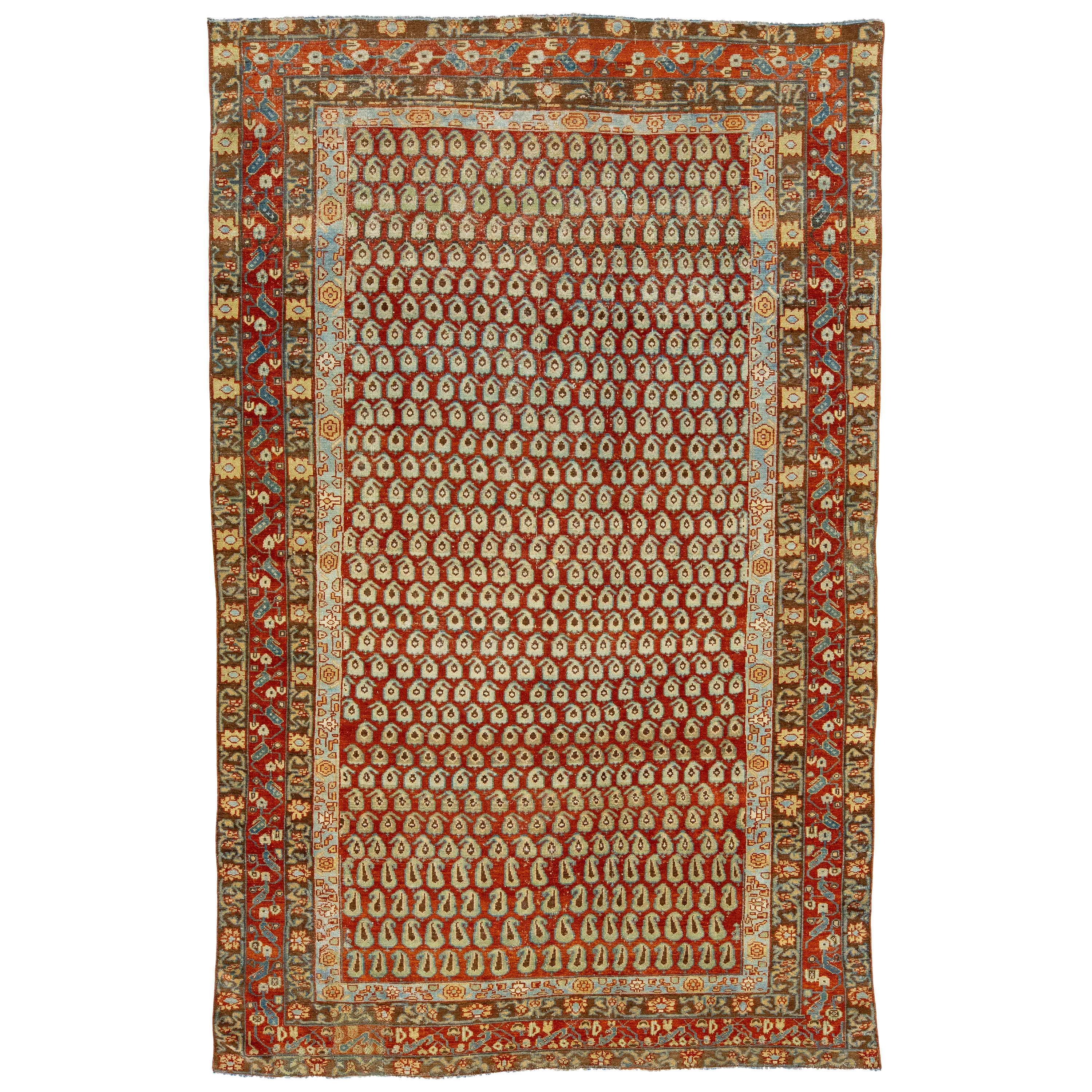 Allover Designed Antique Hamadan Persian Wool Rug In Red-Rust Color For Sale