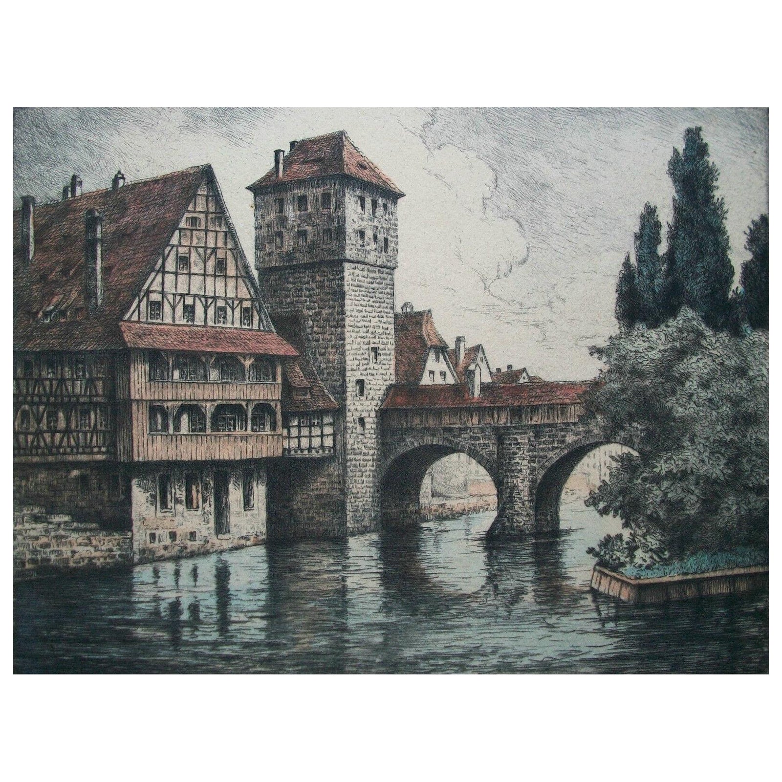 Le pont de Hangman - gravure d'art colorée à la main - Allemagne - vers 1900