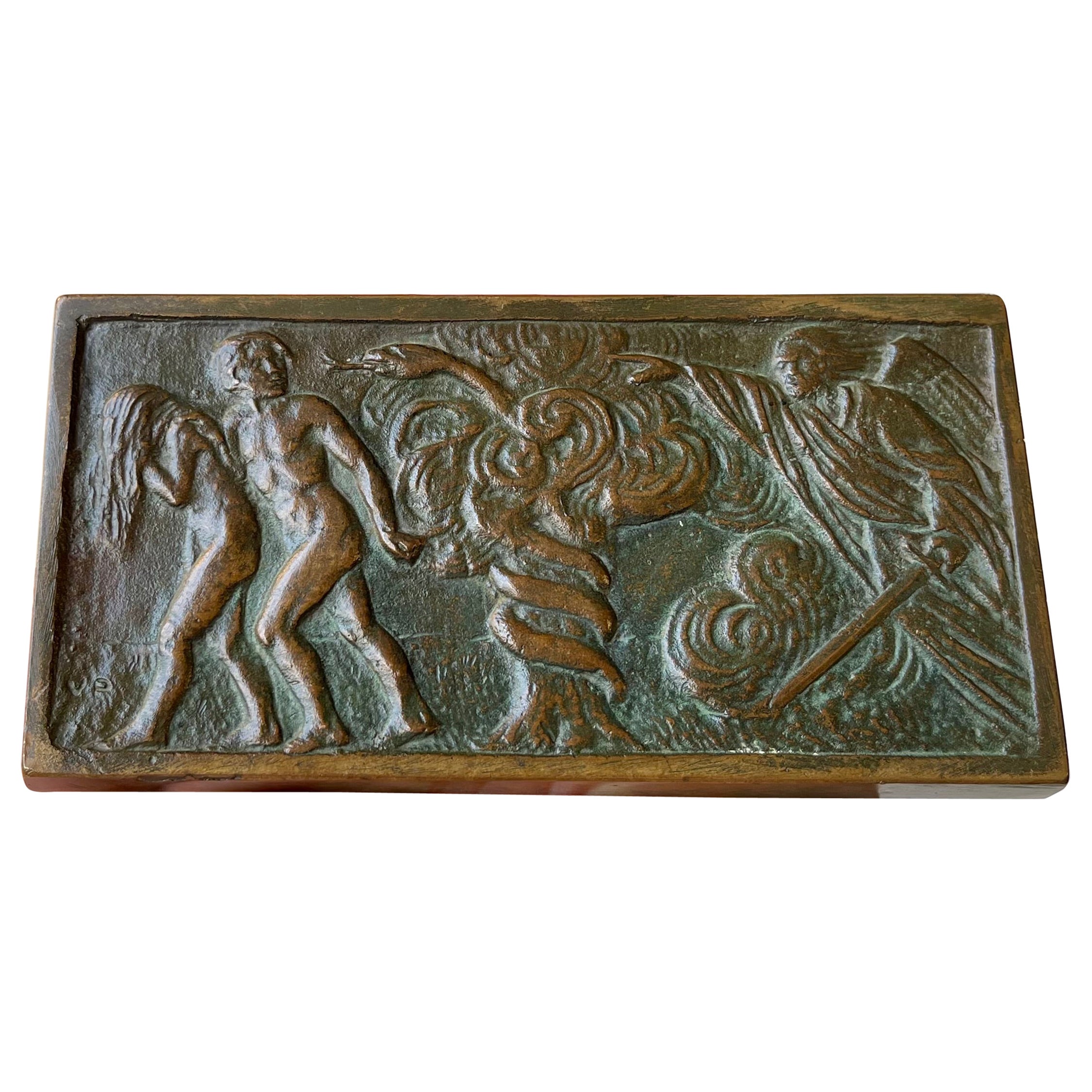 Plaque murale italienne ancienne en bronze représentant l'expulsion d'Adam et Ève