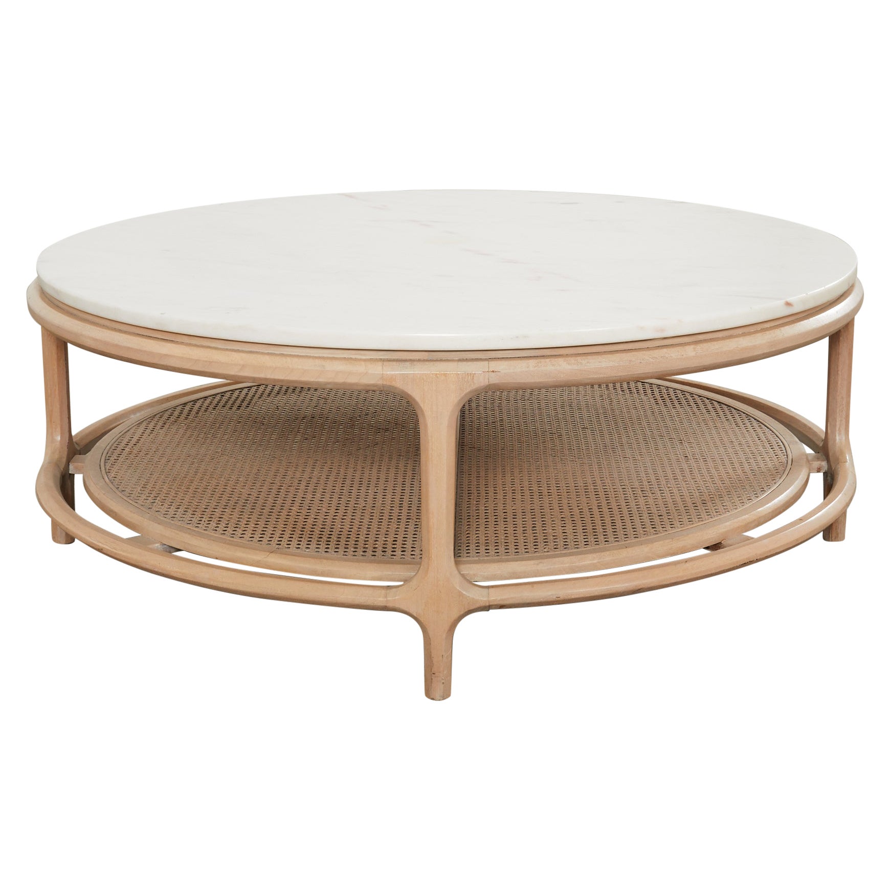 Midcentury McGuire Style Round Marble Top Caned Cocktail Table For Sale