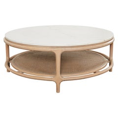Used Midcentury McGuire Style Round Marble Top Caned Cocktail Table