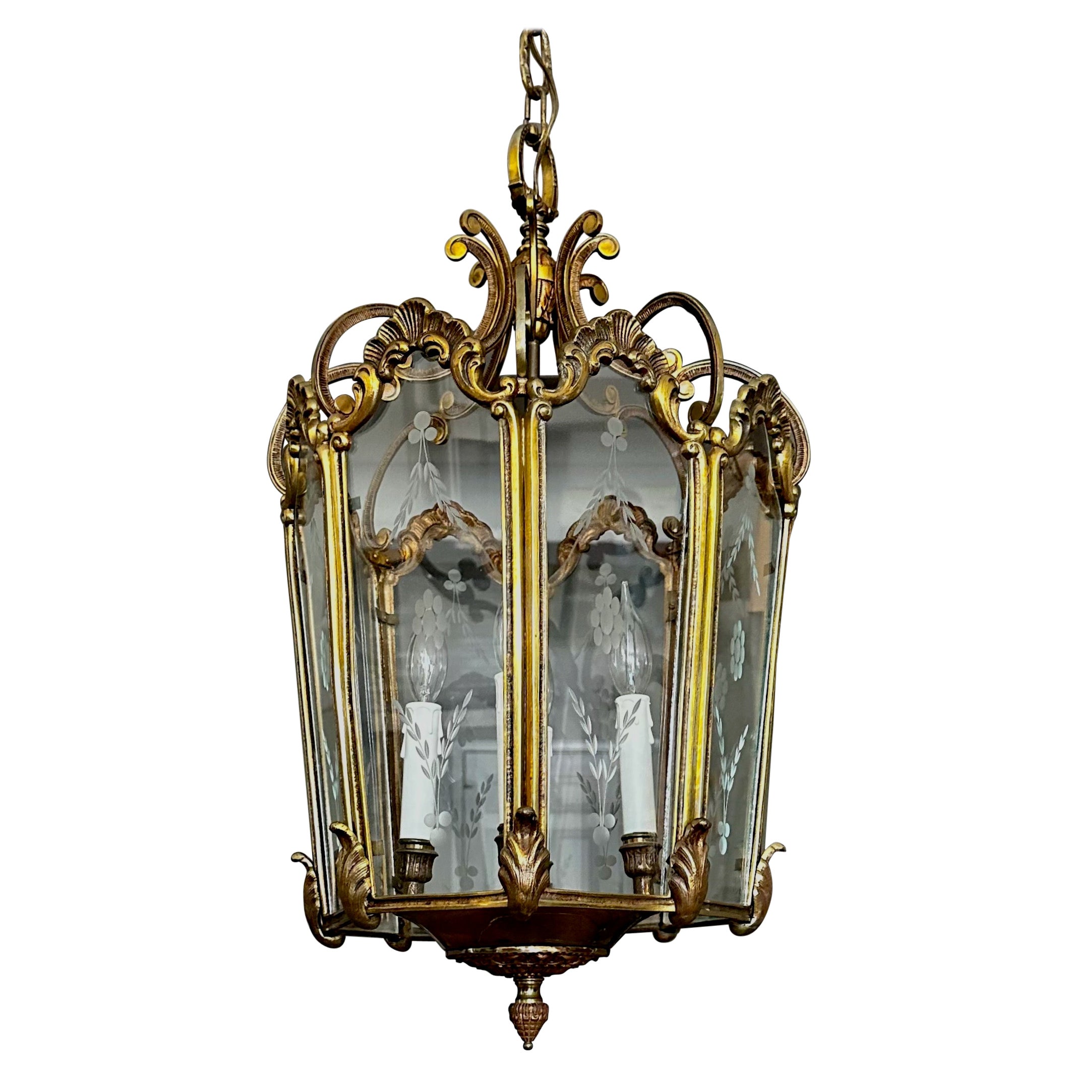 French Rococo Brass  Etched Glass Lantern Hall Light
