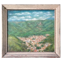 Pintura de un pueblo en las montañas
