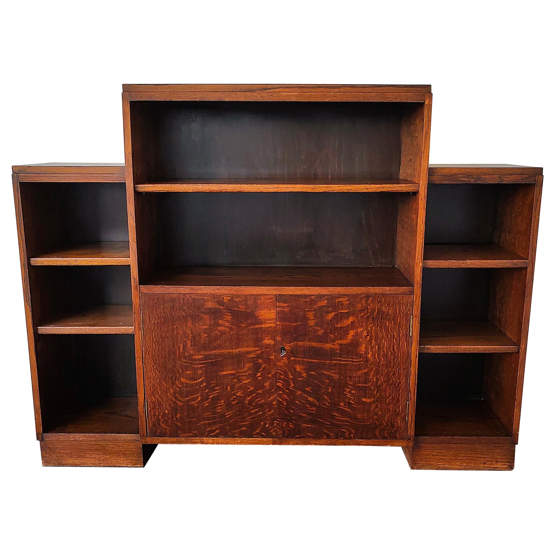 Small Art Deco Tiger Oak Wood Bookshelf Cabinet 1920s