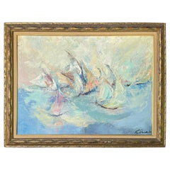 Large Signed Impasto Painting of Sailboats