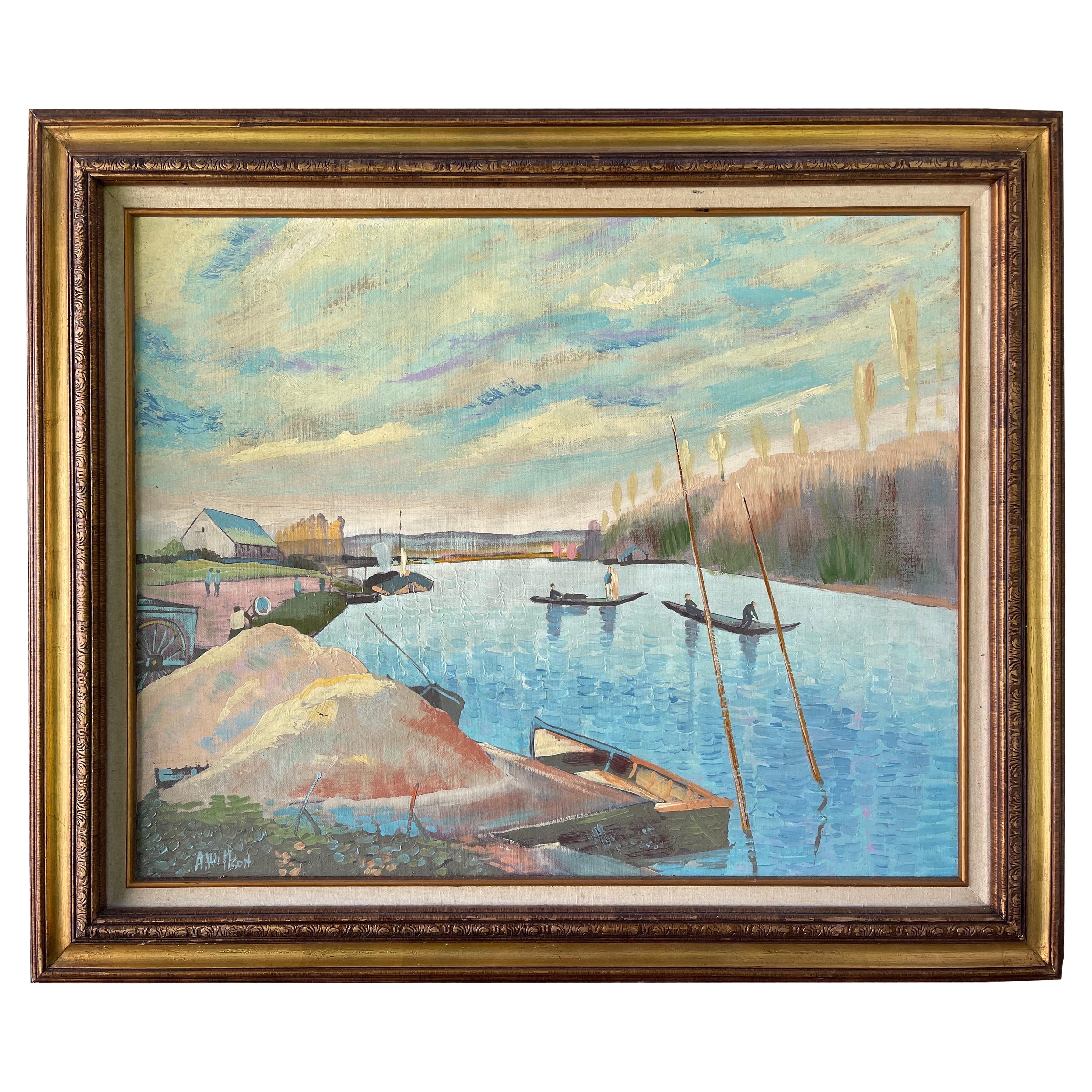 Quadro di grandi dimensioni firmato raffigurante un lago in riva al mare in vendita