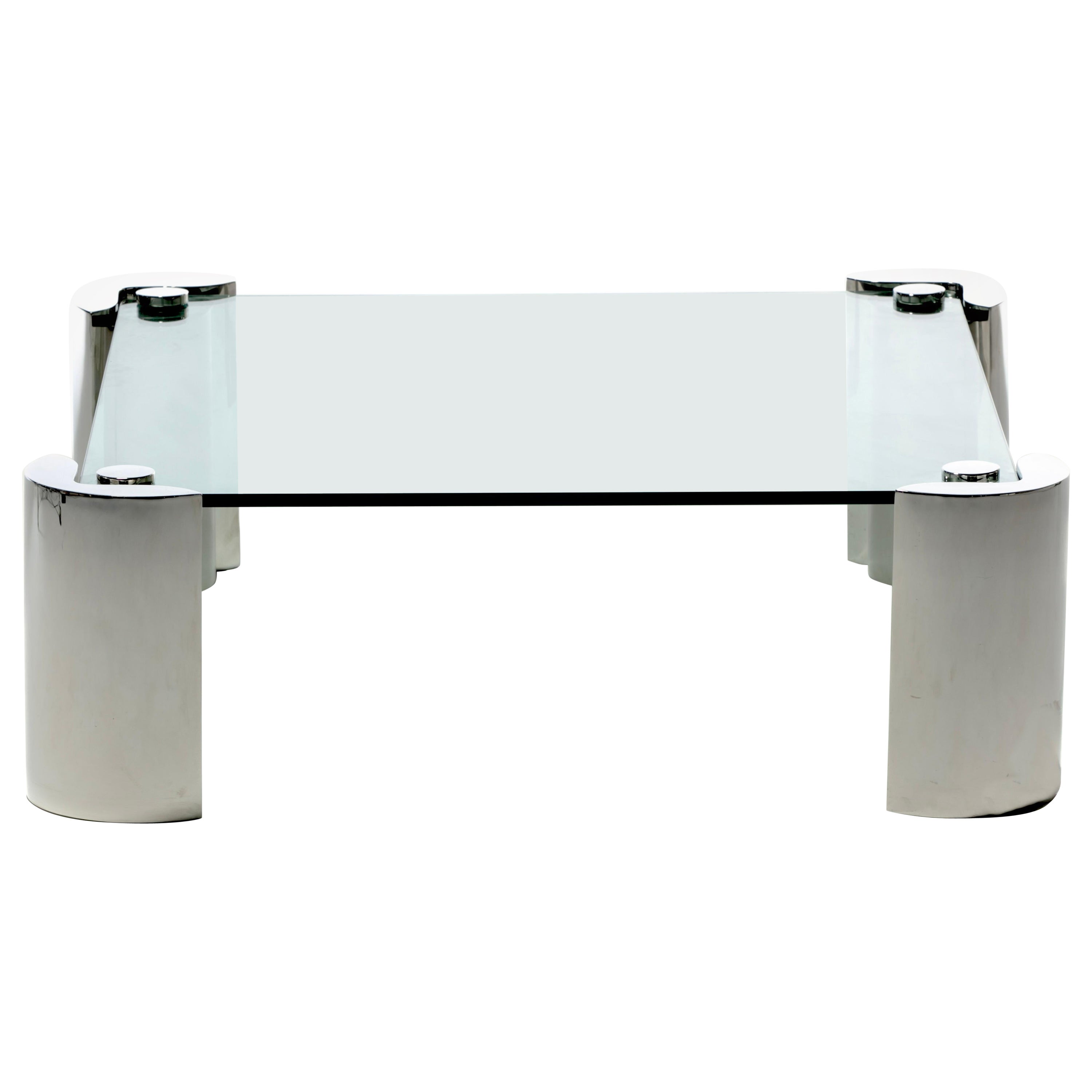 1980s Sculptural Karl Springer Coffee Table in Glass and Stainless Steel For Sale