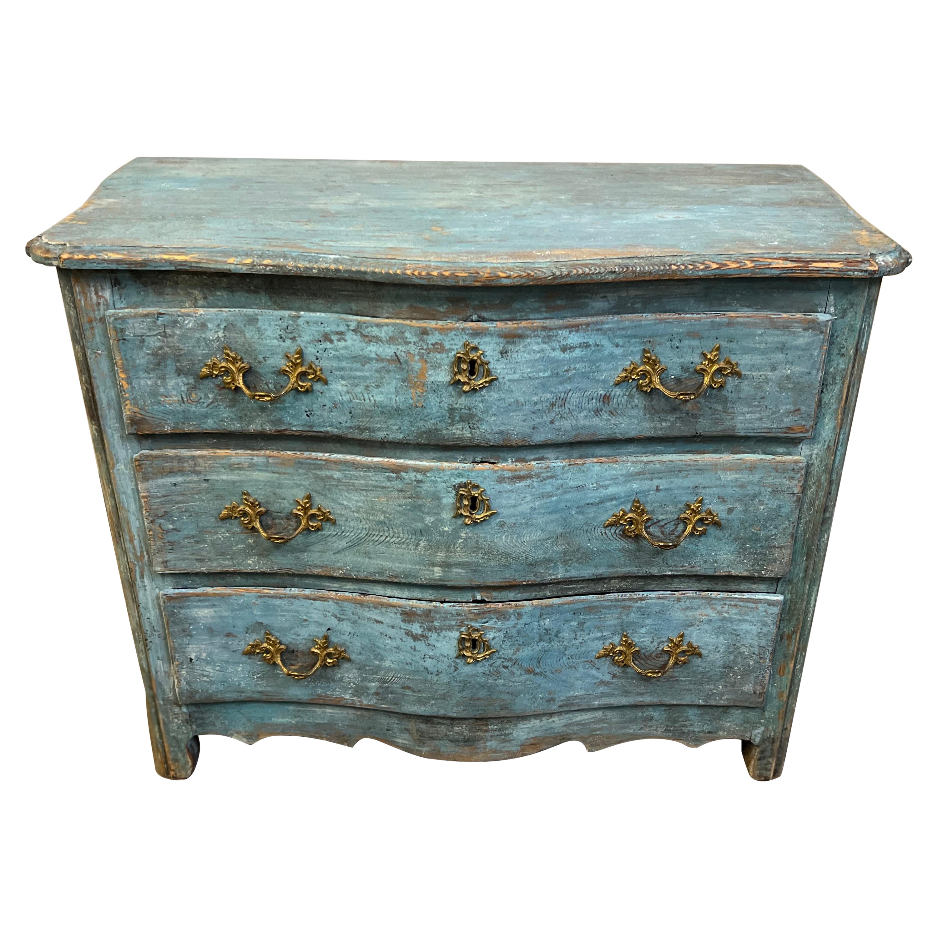 19th Century Rococo Original Blue Painted Commode