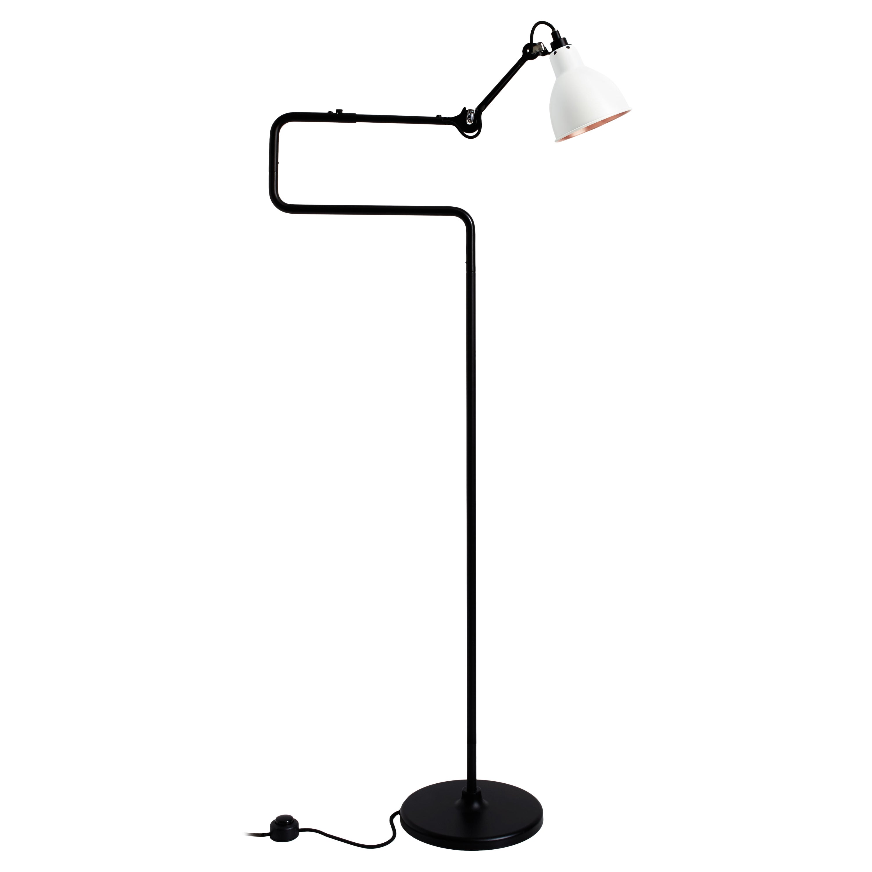 DCW Editions La Lampe Gras N°411 Floor Lamp in Black Arm and White Copper Shade