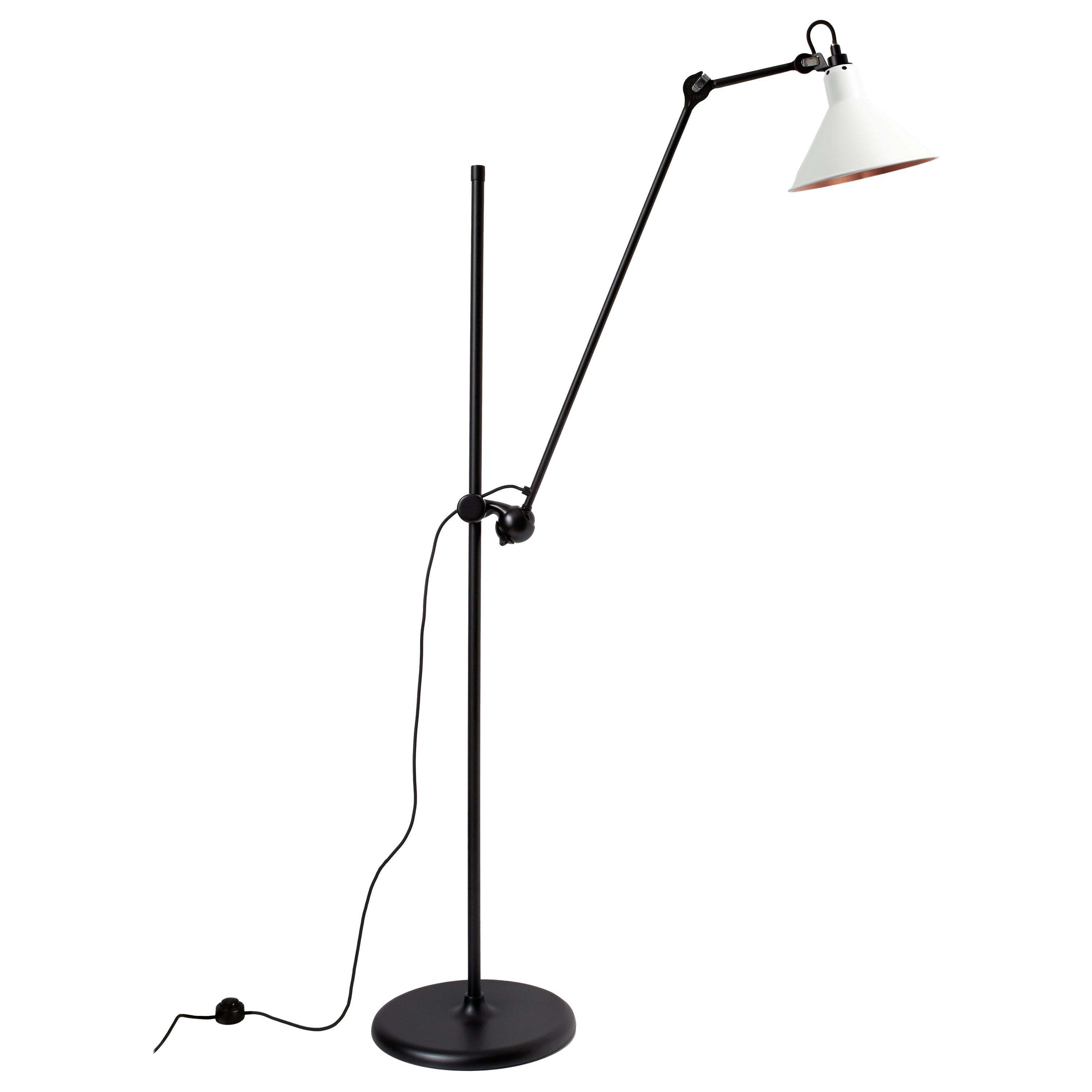 DCW Editions La Lampe Gras N°215 Floor Lamp in Black Arm and White Copper Shade For Sale