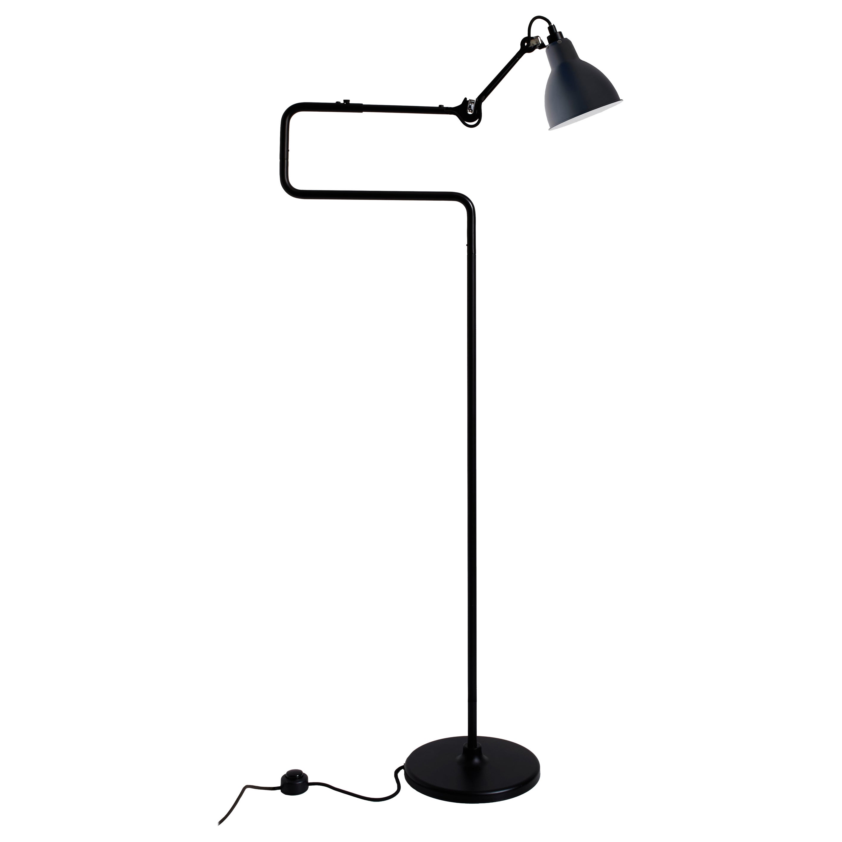 DCW Editions La Lampe Gras N°411 Floor Lamp in Black Arm and Blue Shade For Sale