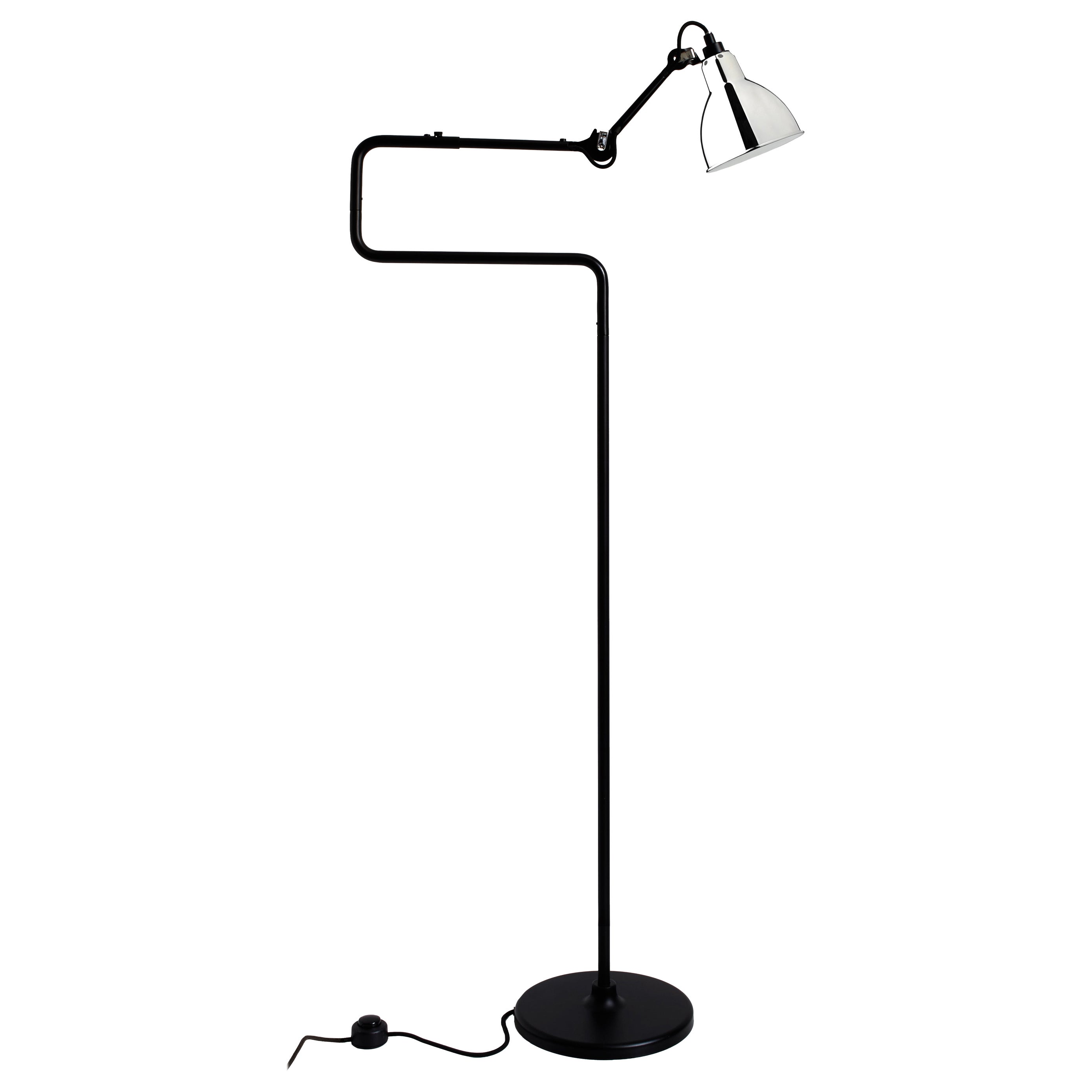 DCW Editions La Lampe Gras N°411 Floor Lamp in Black Arm and Chrome Shade For Sale