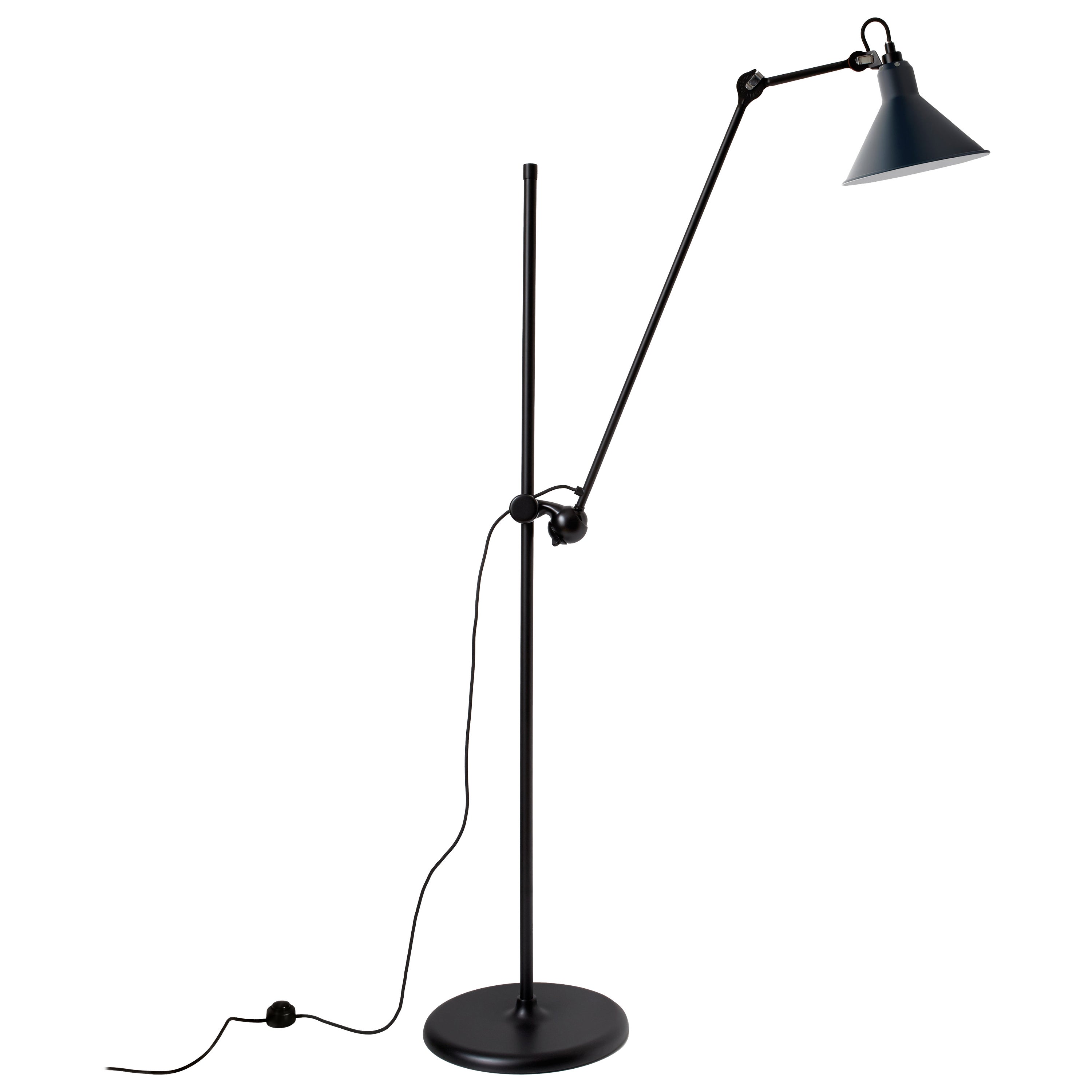 DCW Editions La Lampe Gras N°215 Floor Lamp in Black Arm and Blue Shade For Sale