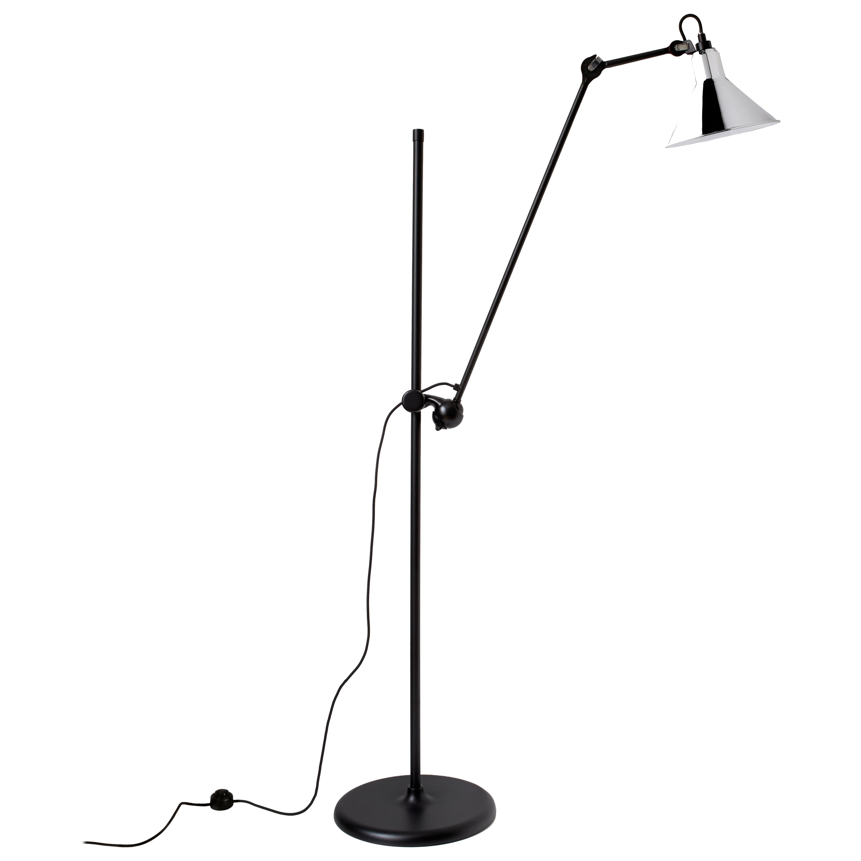 DCW Editions La Lampe Gras N°215 Floor Lamp in Black Arm and Chrome Shade