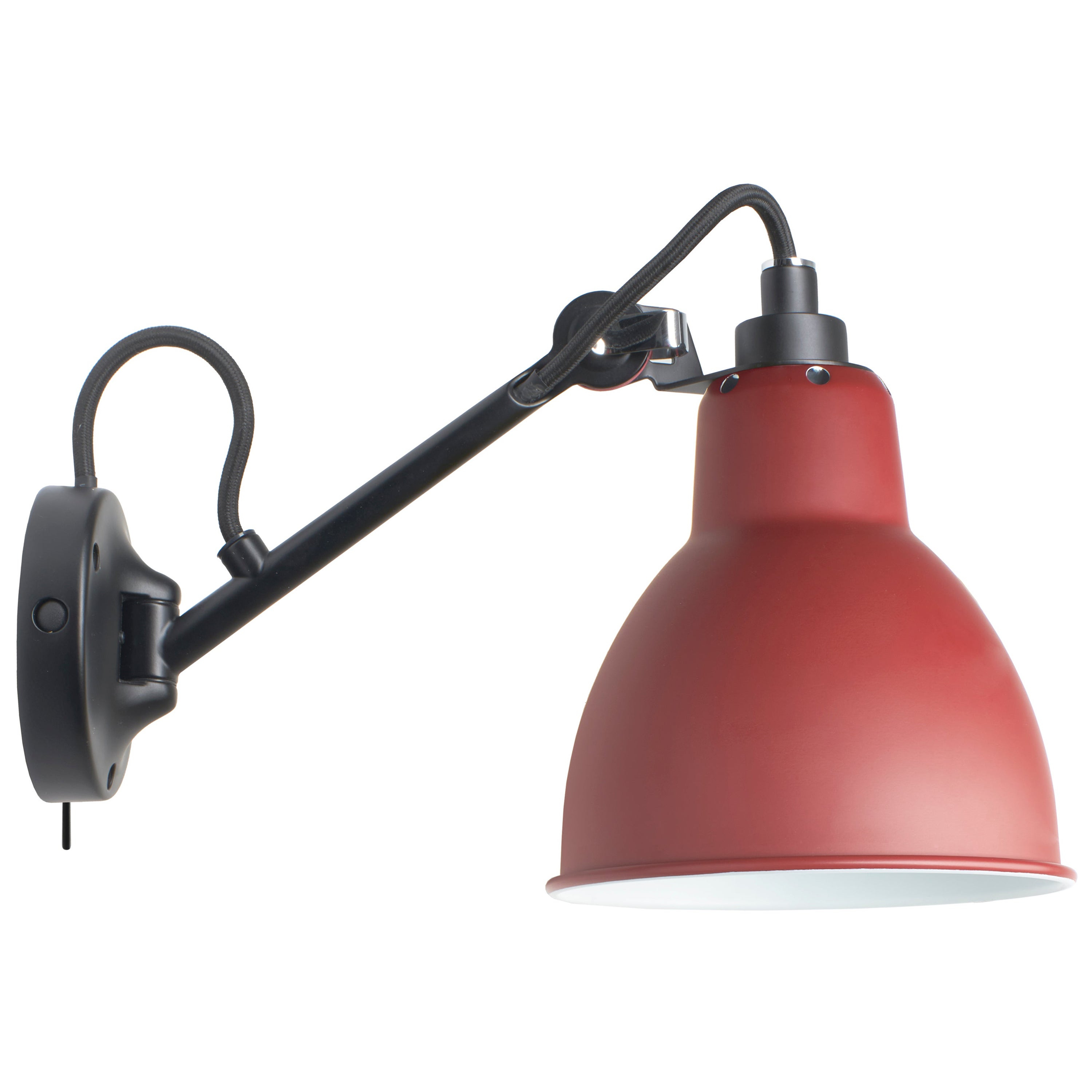 DCW Editions La Lampe Gras N°104 SW Wandleuchte mit schwarzem Arm und rotem Lampenschirm