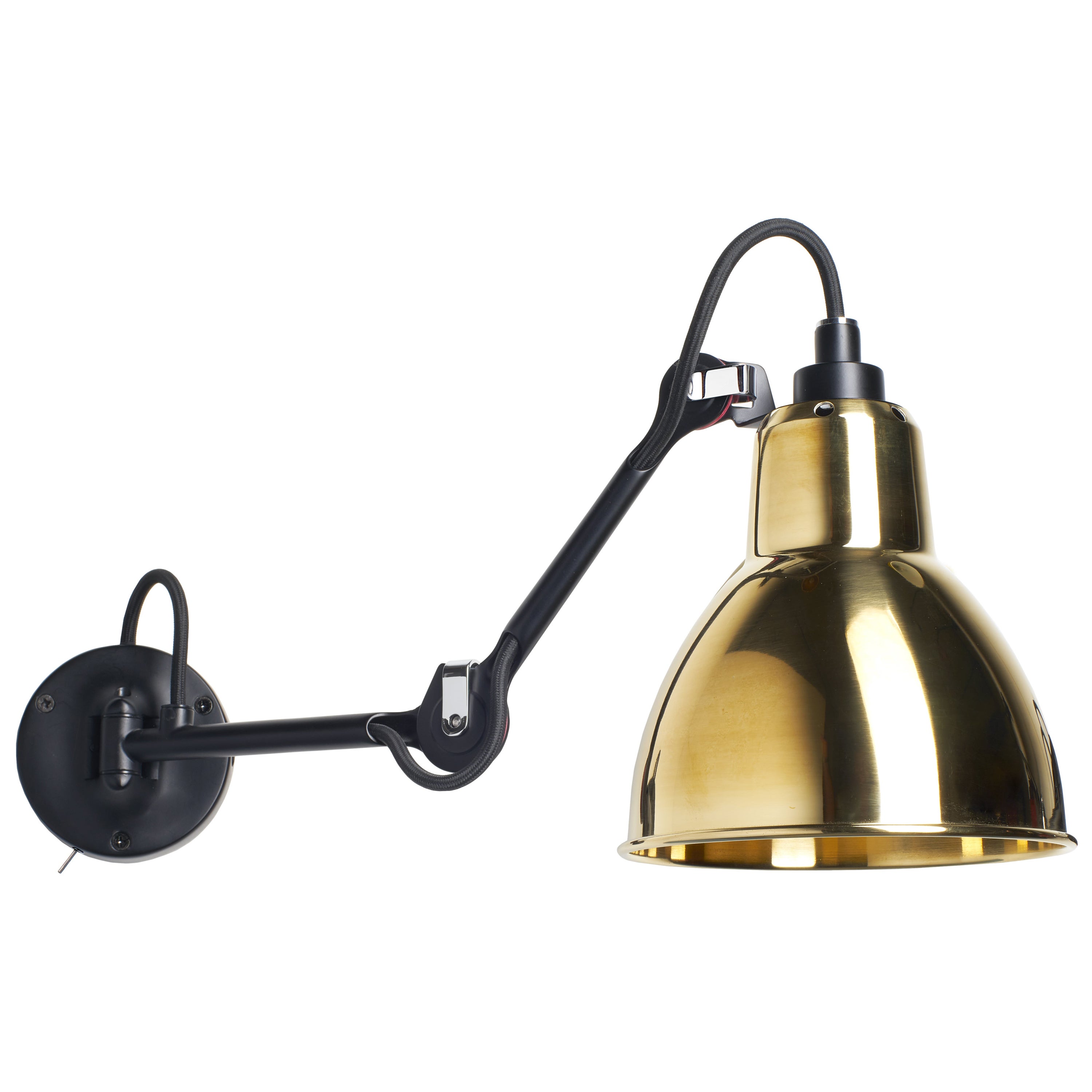 DCW Editions La Lampe Gras N°204 SW Wandleuchte mit schwarzem Stahlarm und messingfarbenem Schirm