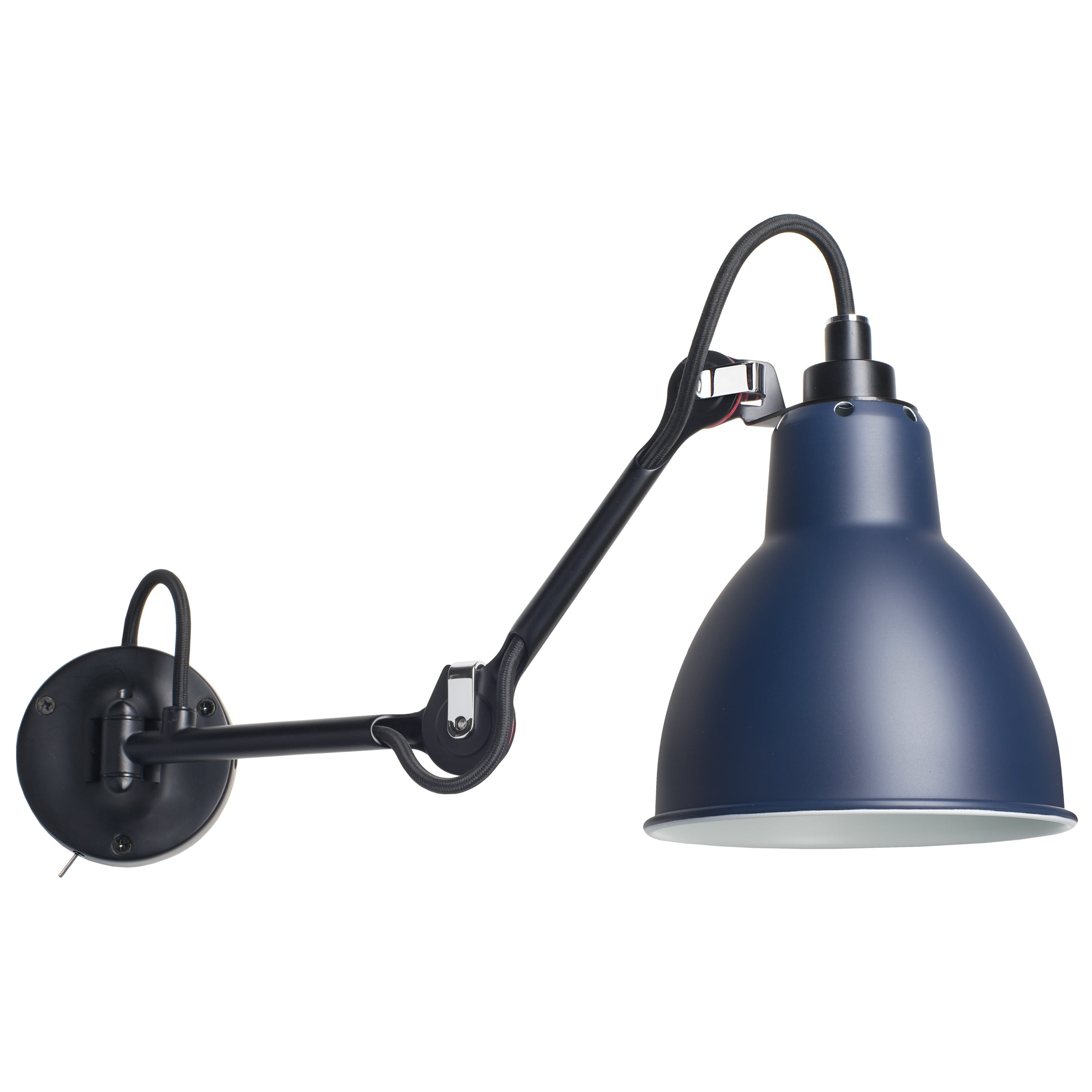 DCW Editions La Lampe Gras N°204 SW Wandleuchte mit schwarzem Stahlarm und blauem Schirm im Angebot