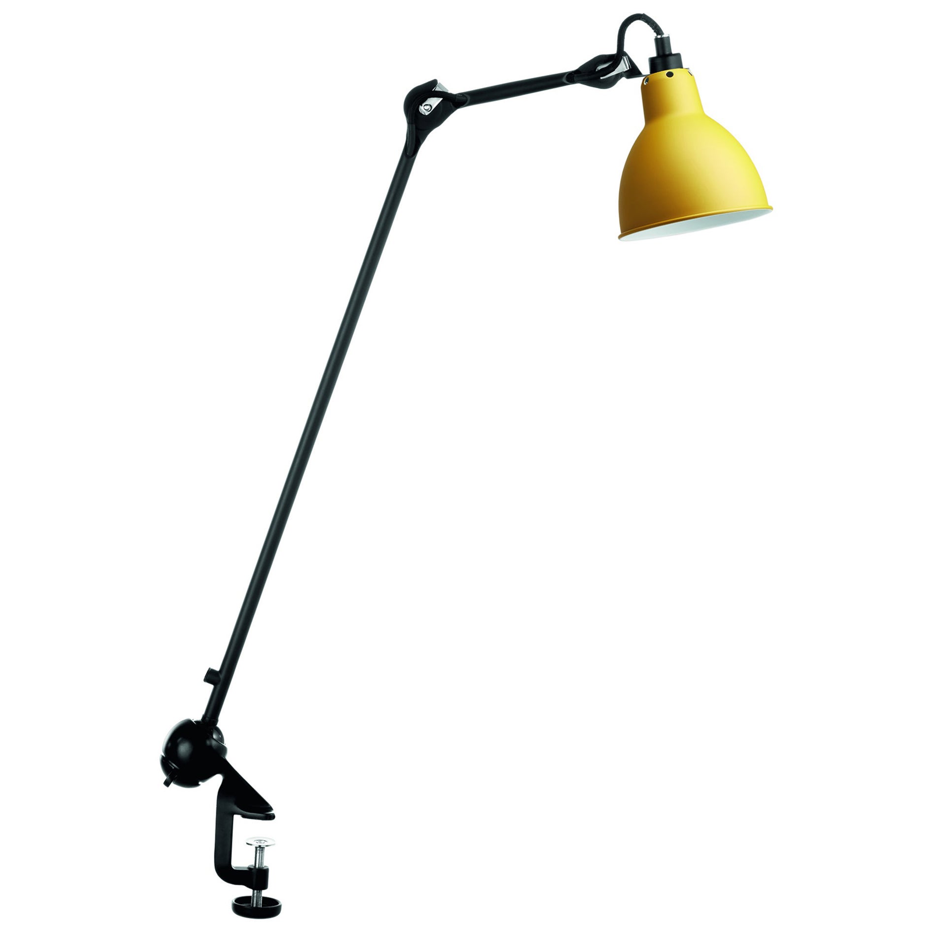 DCW Editions La Lampe Gras N°201 Runde Tischlampe mit schwarzem Arm und gelbem Lampenschirm