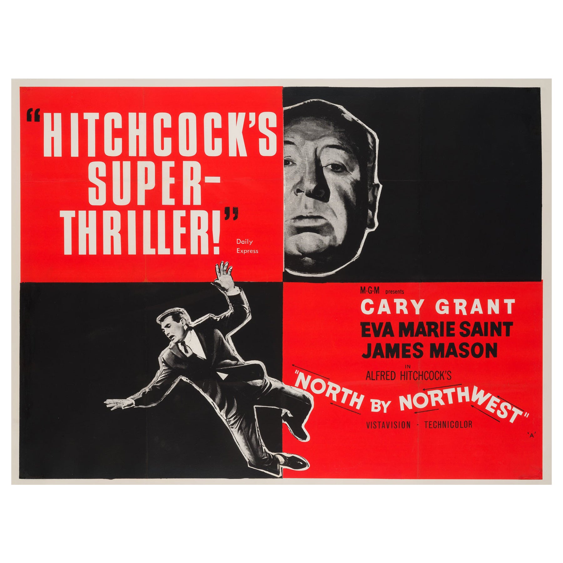 Nord von Northwest, Original britisches Original-Filmplakat, 1950er Jahre, Hitchcock