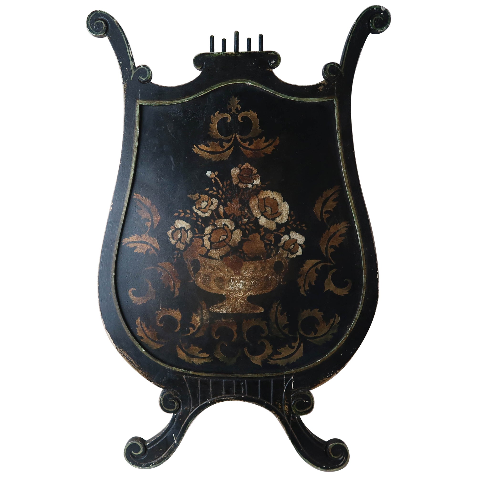 Antique Painted Lyre Shaped Easel Fireplace Screen. English Late 19th Century For Sale