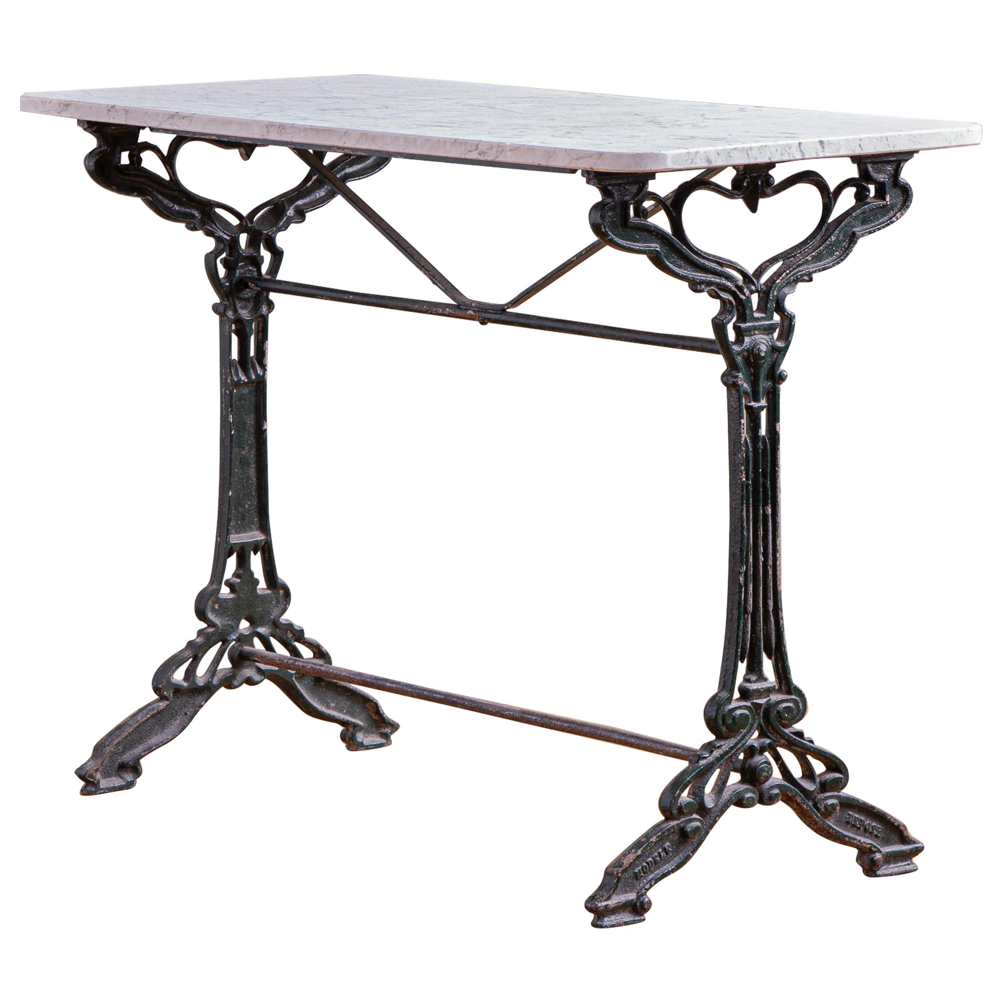 Antique Art Nouveau Period French Bistro Cafe / Garden Table With Marble Top For Sale